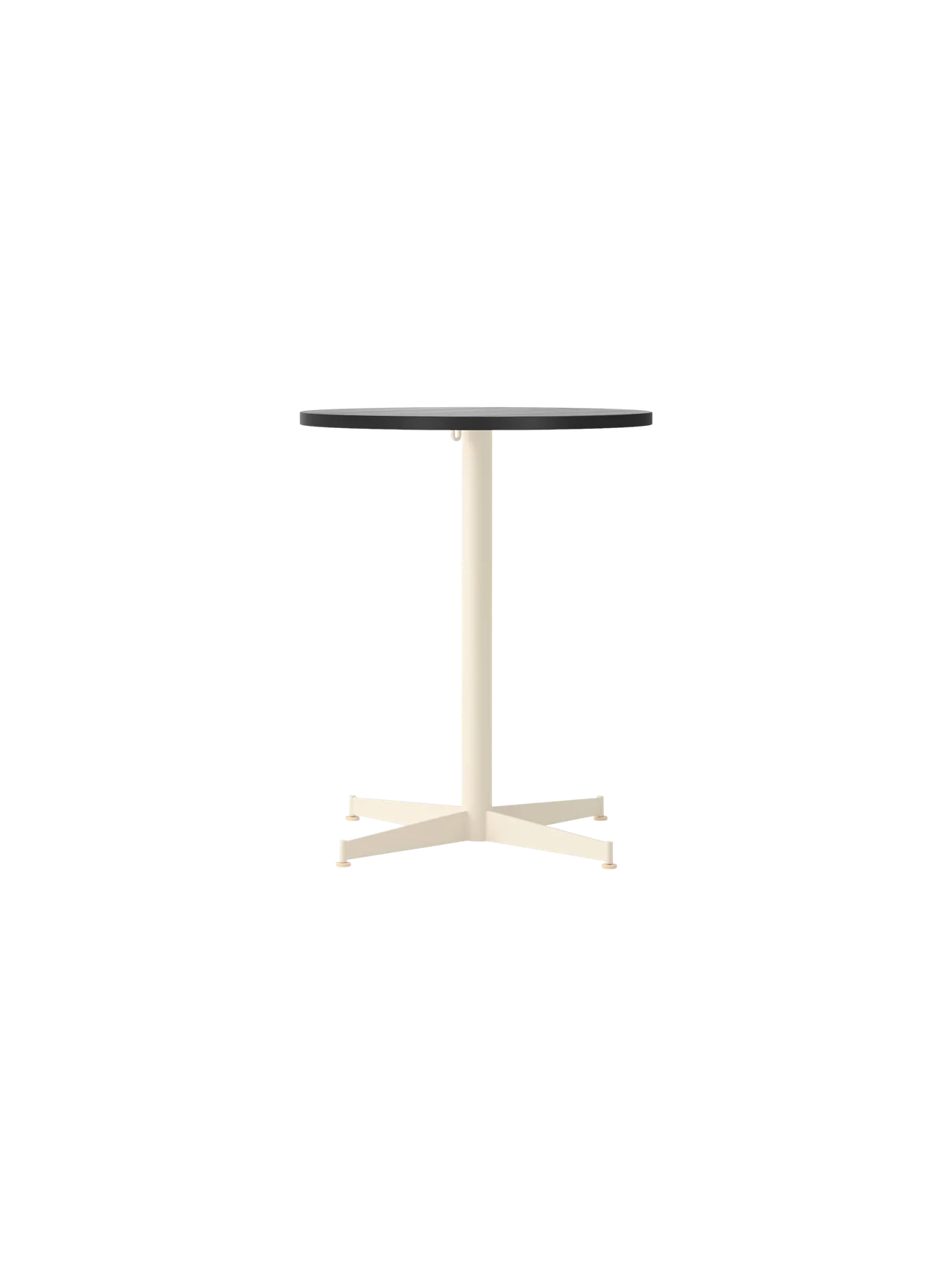 Front view of the Nook Dining Table with a round black oak top and an ivory powder-coated steel stem and four-star base.