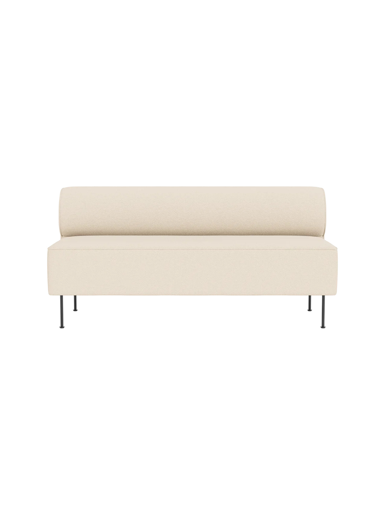 A front-on view of the Eave Dining Sofa in 'Logan Jasmine' fabric, showing its minimalist design and slim metal legs.