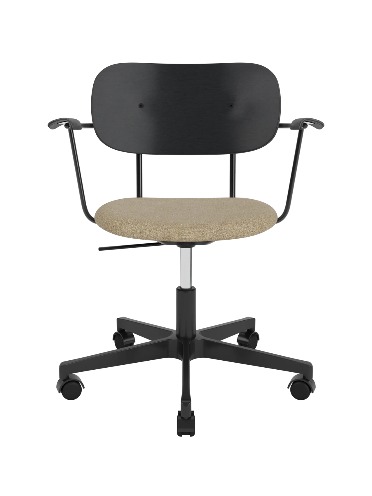 Co Task Chair with black oak backrest, beige bouclé upholstered seat and black swivel base with castors.