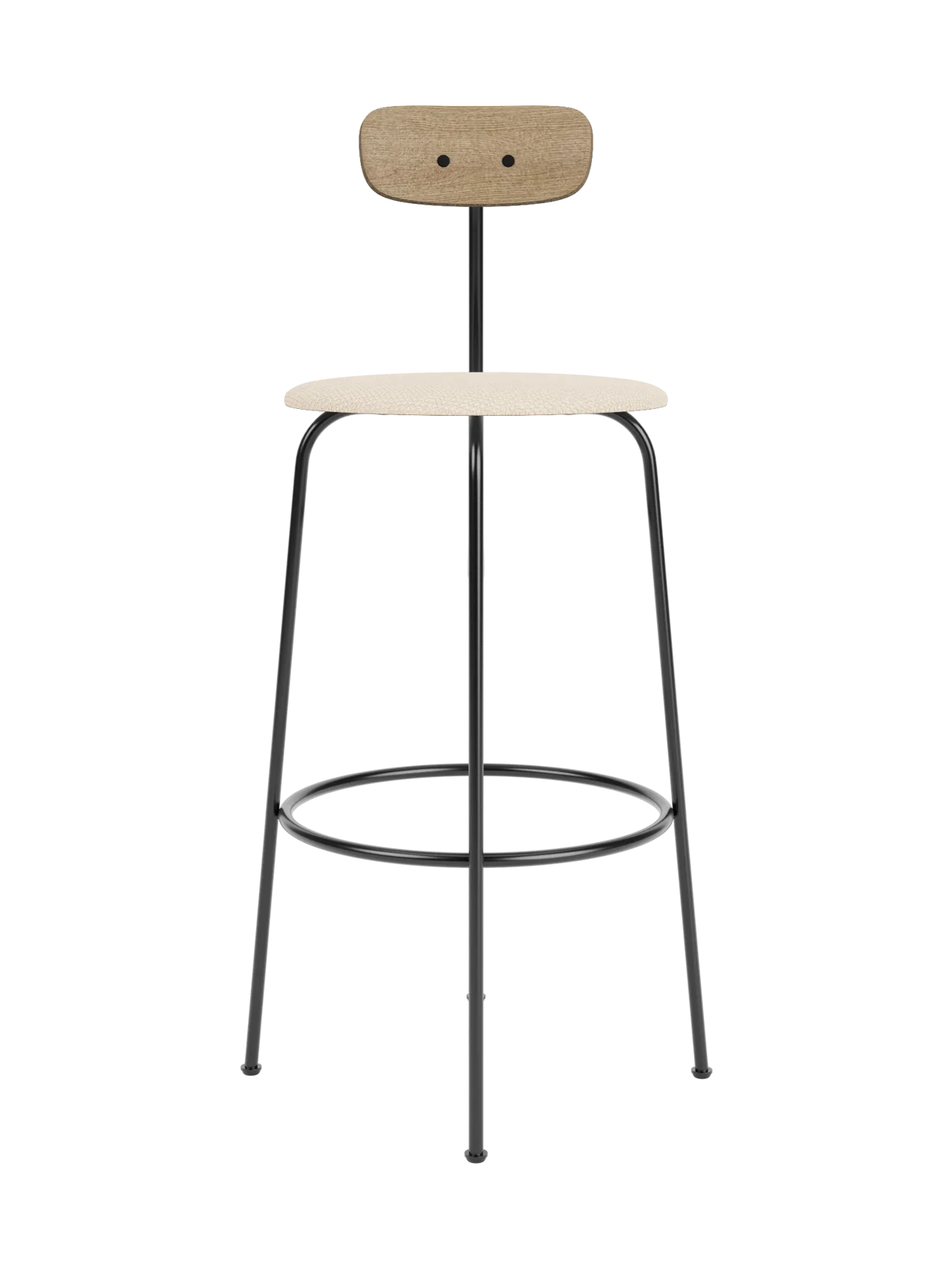 Afteroom Bar Chair, Seat Upholstered, in Logan Jasmine with a natural oak backrest and black powder-coated steel frame.