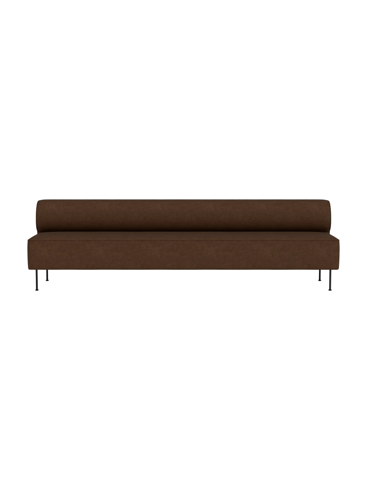 A front-on studio shot of the Eave Dining Sofa upholstered in brown Audo Bouclé 07 fabric, set against a black background.