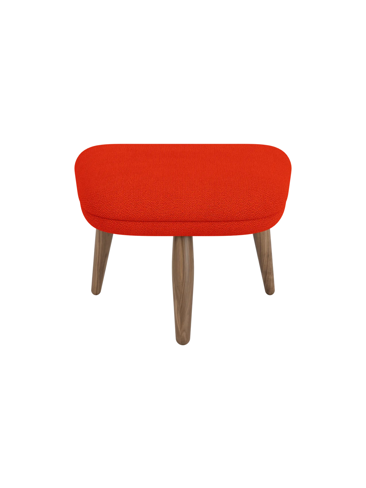 Front view of the Oda Ottoman upholstered in a vibrant red Hallingdal 600 fabric, with three tapered legs in a walnut finish.
