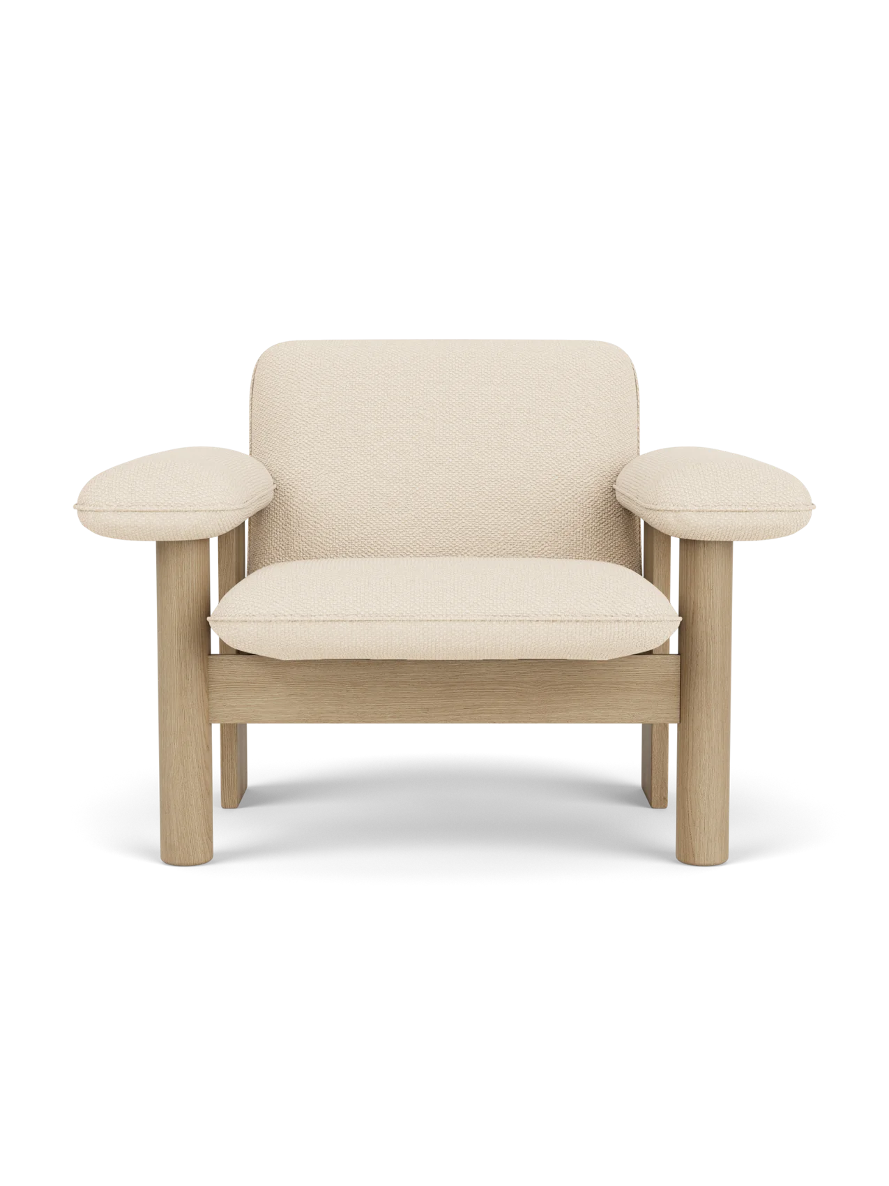 Front view of the Brasilia Lounge Chair, Low Back, with a natural oak frame and upholstered in light Logan Jasmine textile.