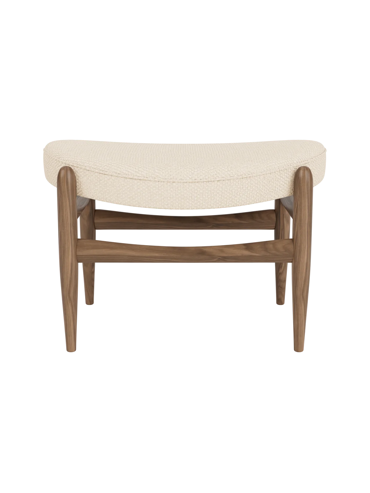 A front view of the Elizabeth Ottoman with a walnut wood frame and curved cushion upholstered in cream Logan Jasmine fabric.