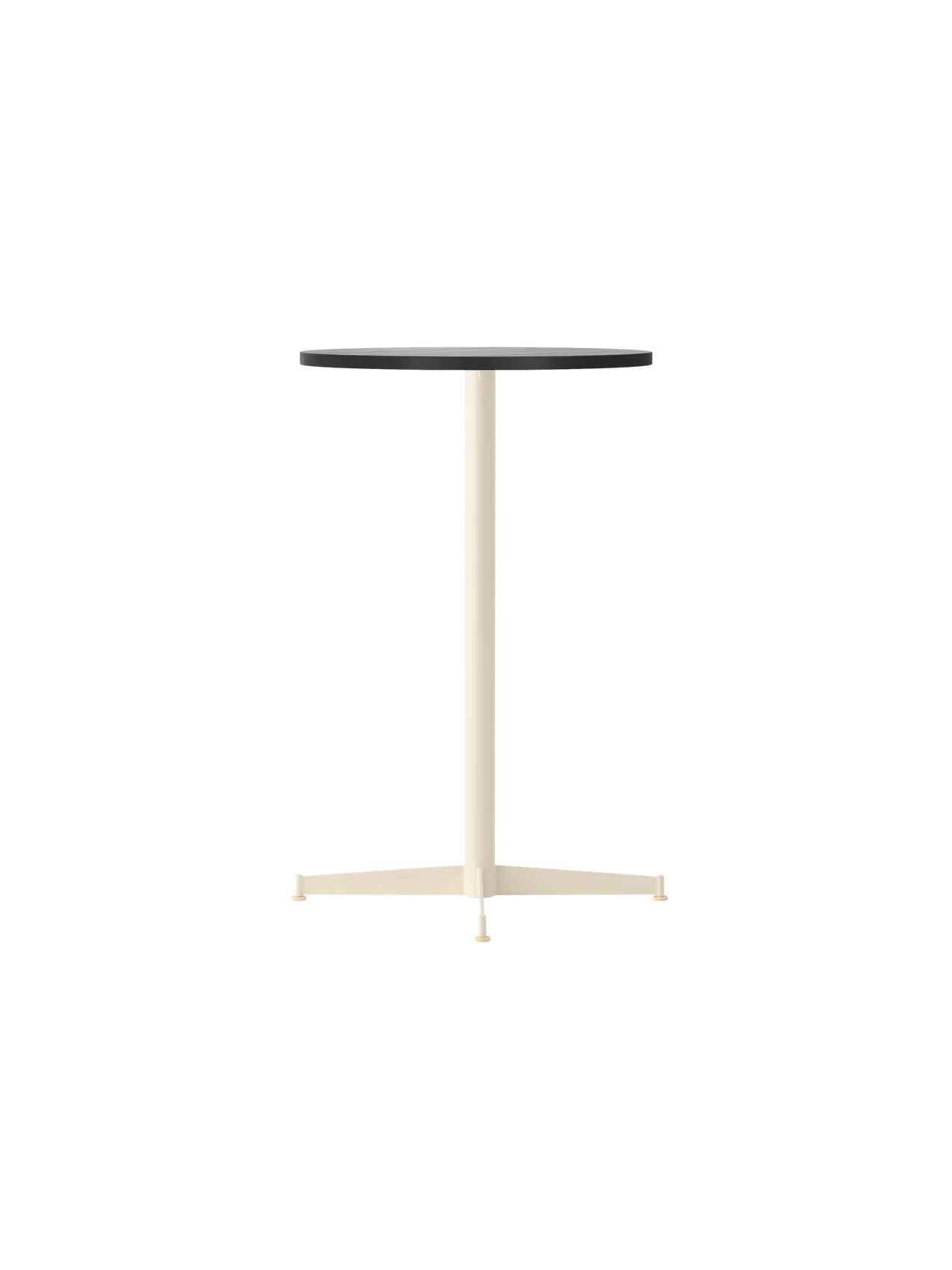 The Nook Counter Table with a round black oak top and an ivory pedestal base with four feet, viewed from an angle.