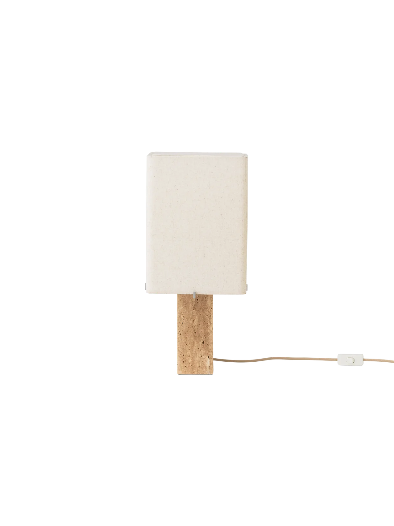 Front view of the switched-off Nonna Table Lamp, showing its rectangular travertine base and sand-coloured linen shade.