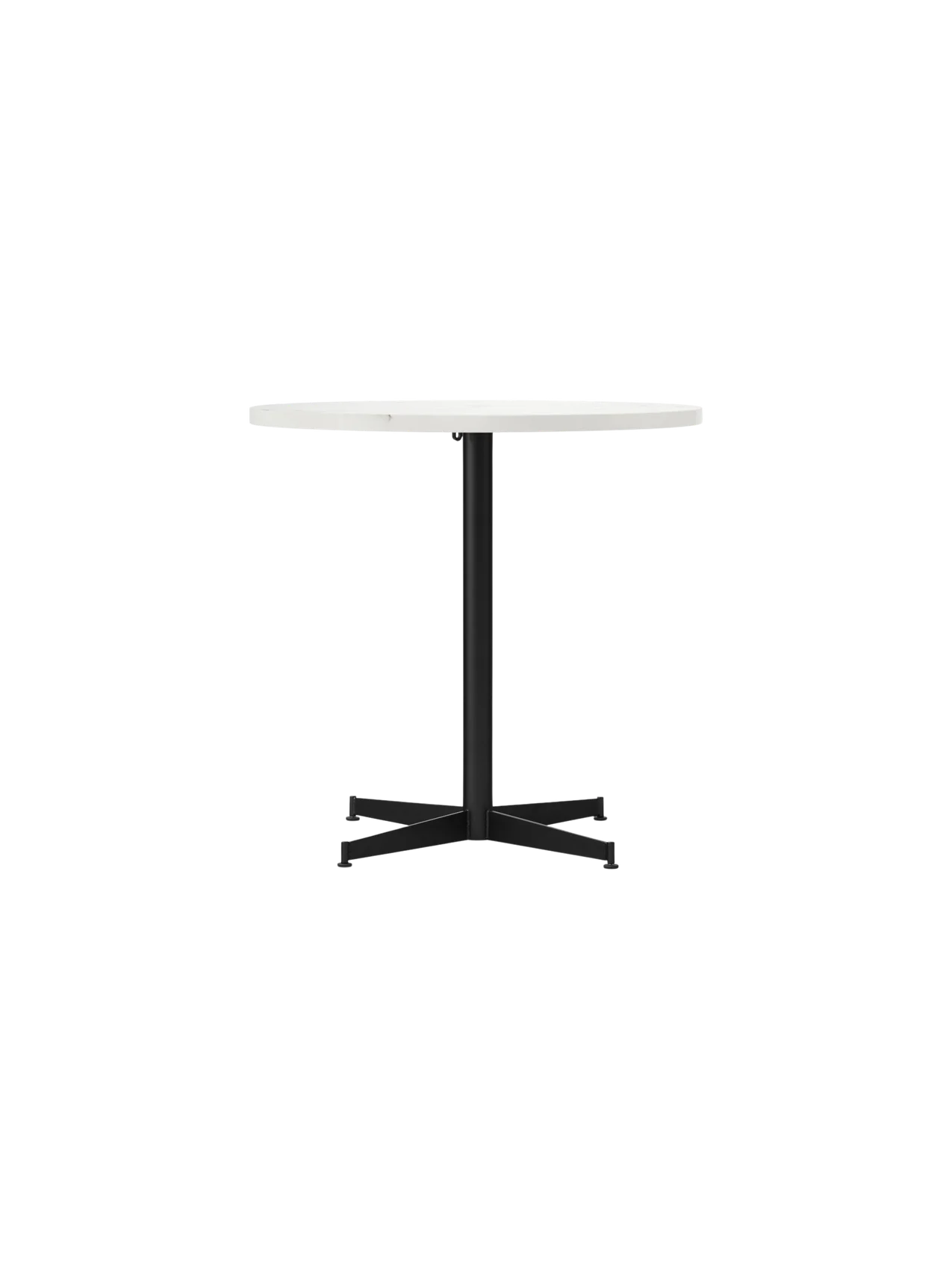 Front view of the Nook Dining Table with a round, white Estremoz Marble top and a black powder-coated steel four-star base.