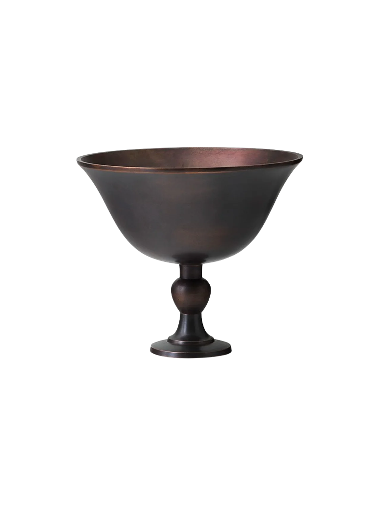 Front view of a pedestal bowl in a dark bronze finish, featuring a wide body, flared rim, and a short, decorative stem.