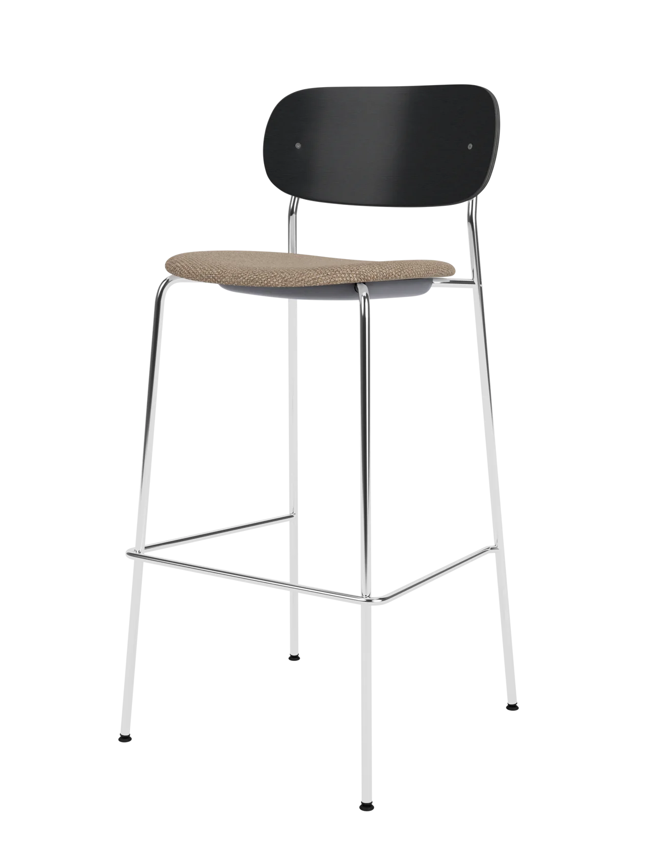 Co Bar Chair featuring a slender chrome frame, black painted oak back and textured Logan Flint upholstered seat.