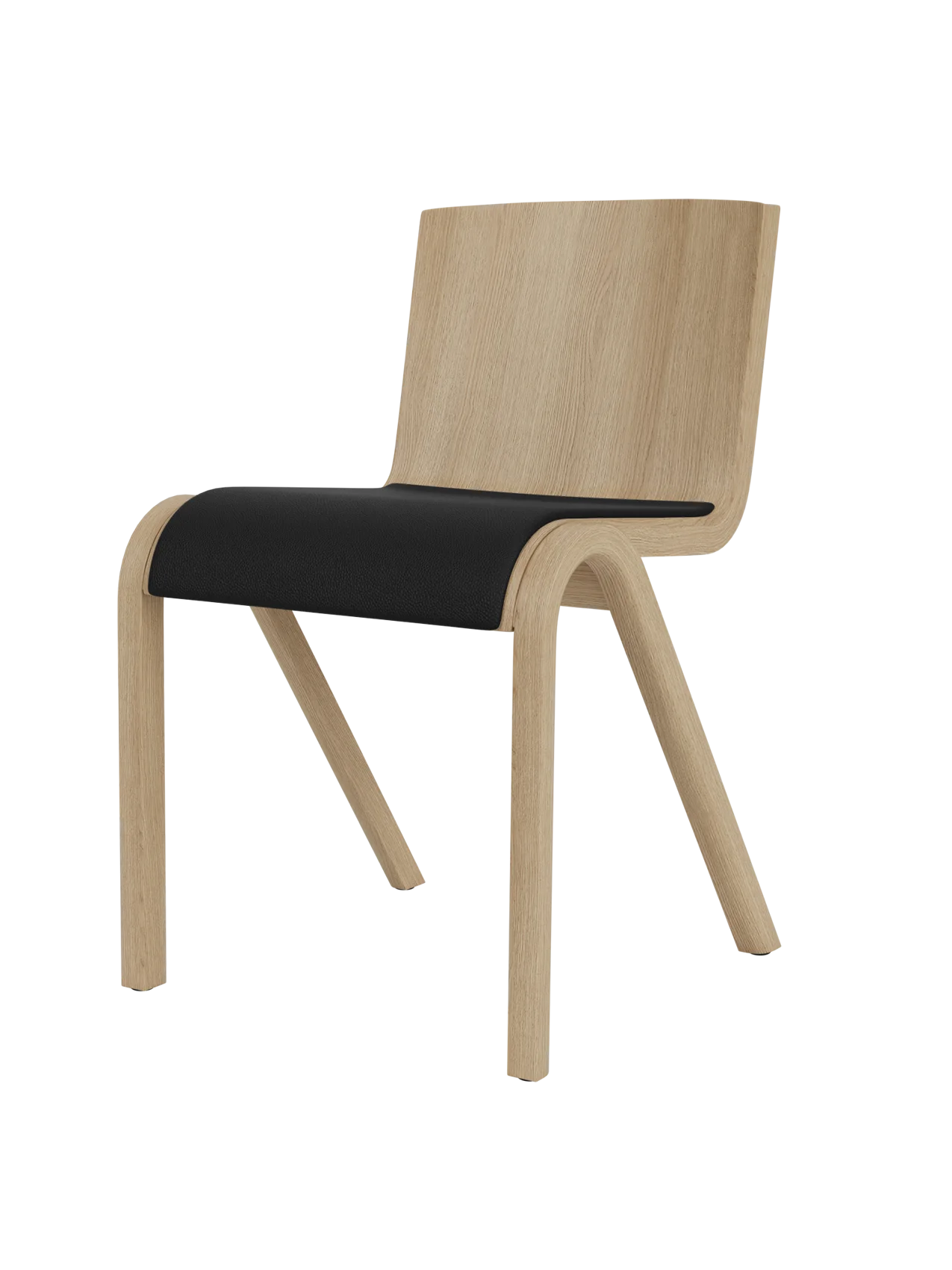 Ready Dining Chair in natural oak with a black Sierra 1001 leather upholstered seat and minimalist form-pressed frame.