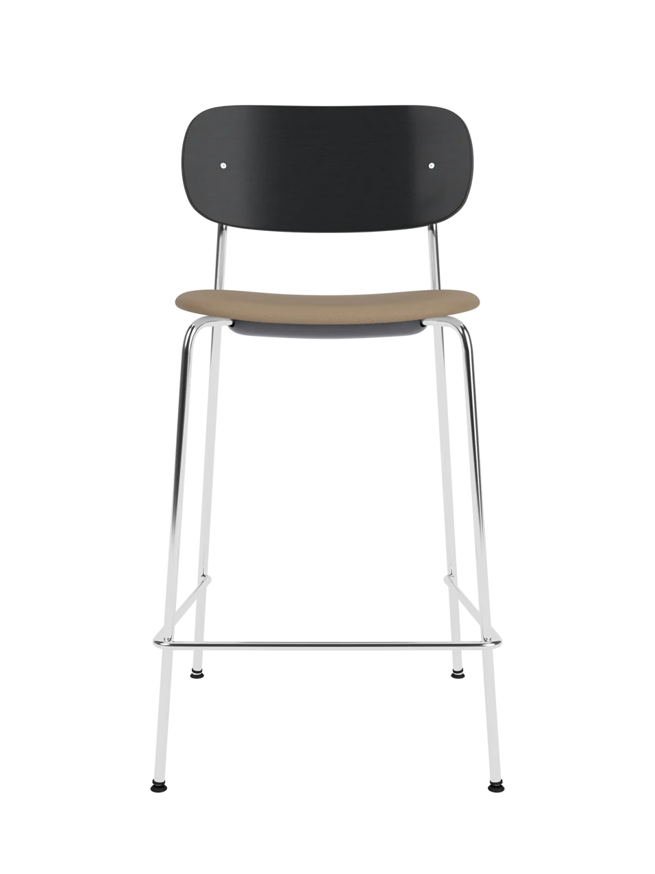 Co Counter Chair with a chrome frame, black painted oak back, and Sierra 1611 upholstered seat shown on a black background.