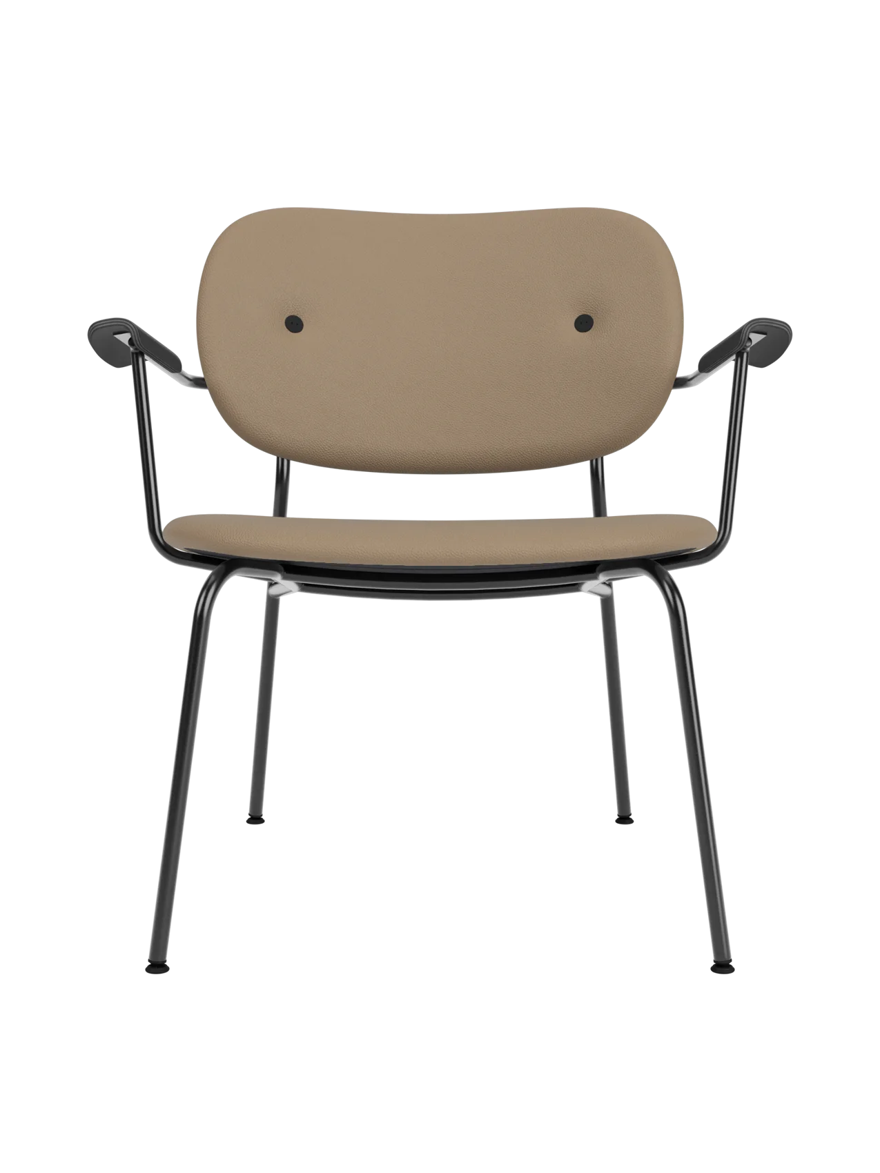 Fully upholstered Co Lounge Chair in tan Sierra 1611 leather with black painted oak armrests and a slender steel base.