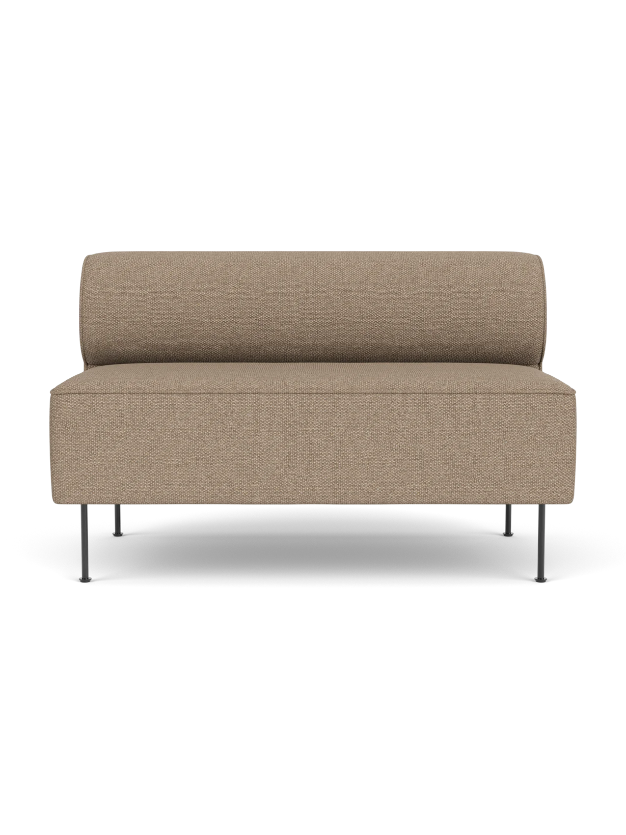 Front view of the Eave Dining Sofa in Logan Flint fabric, featuring a minimalist design with slender metal legs.
