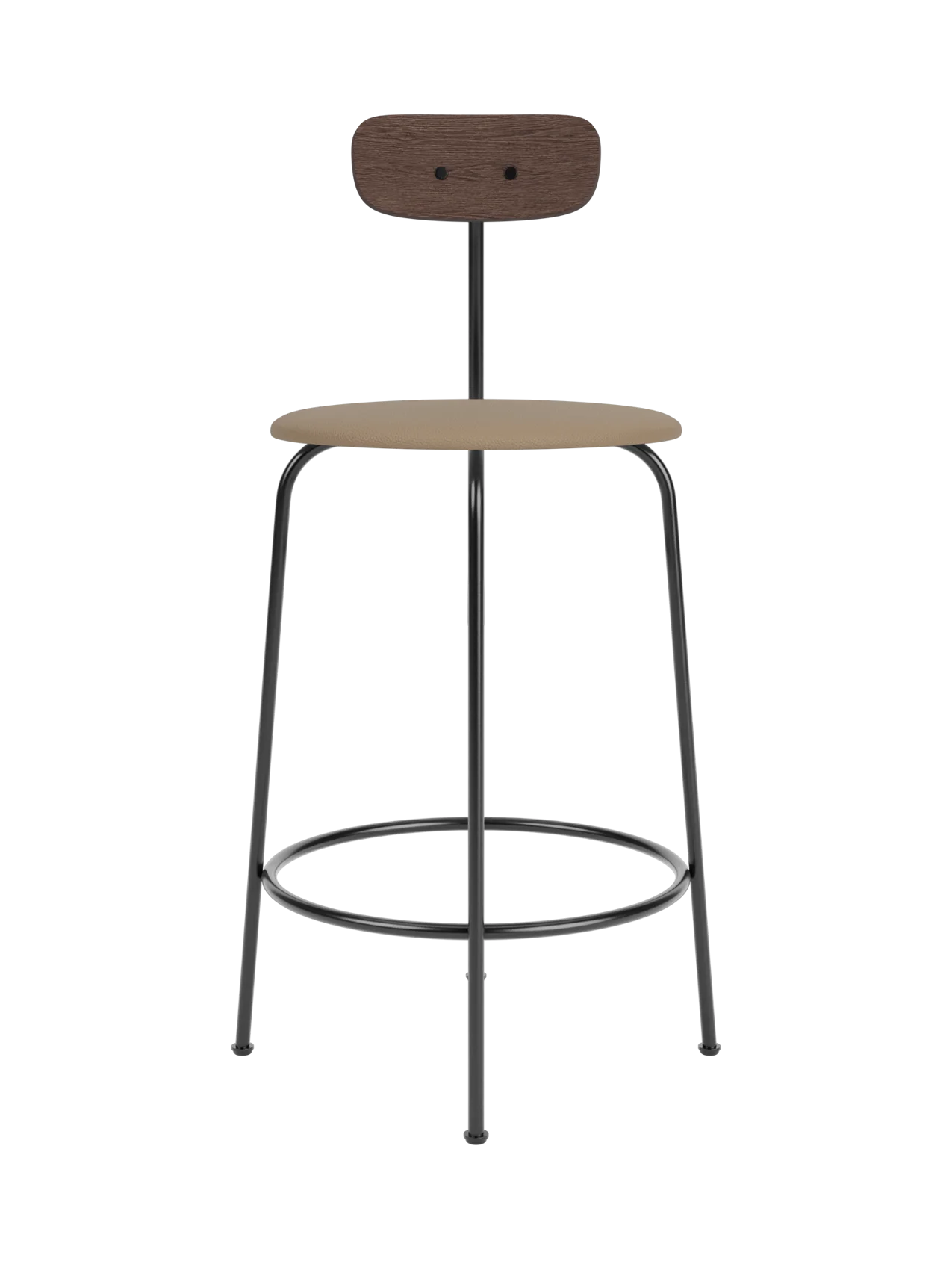 Afteroom Counter Chair featuring a tan Sierra leather seat, dark stained oak backrest, and slim black metal frame.