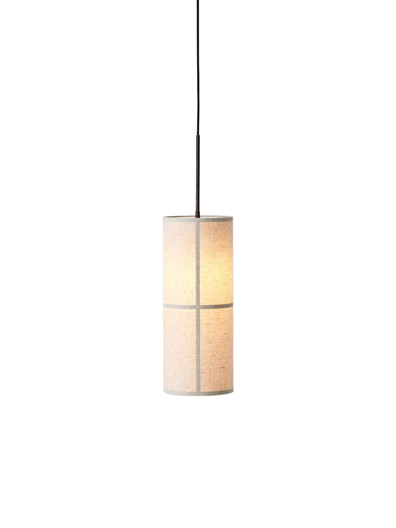 An angled view of the Hashira Pendant Lamp, illuminated, with its raw linen shade and graphic frame on a black background.
