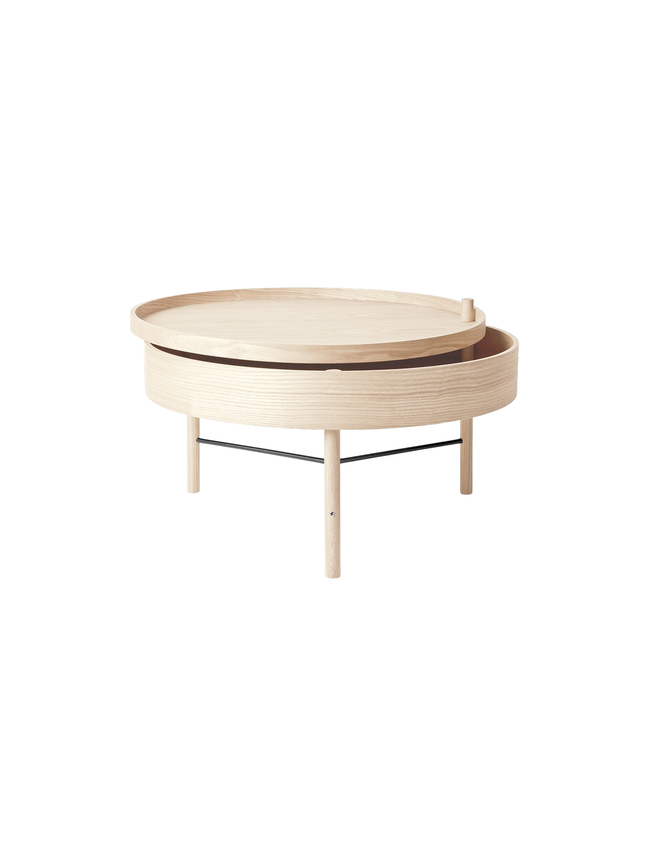 Side view of the round Turning Table in light oak, with the rotating lid partially open to reveal hidden storage.
