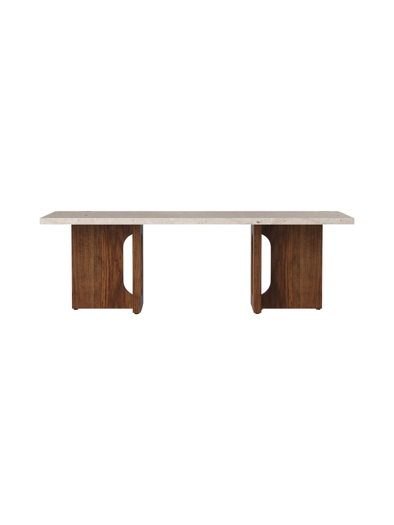 Front view of the Androgyne Lounge Table, featuring a rectangular Kunis Breccia stone top resting on a dark walnut wood base.