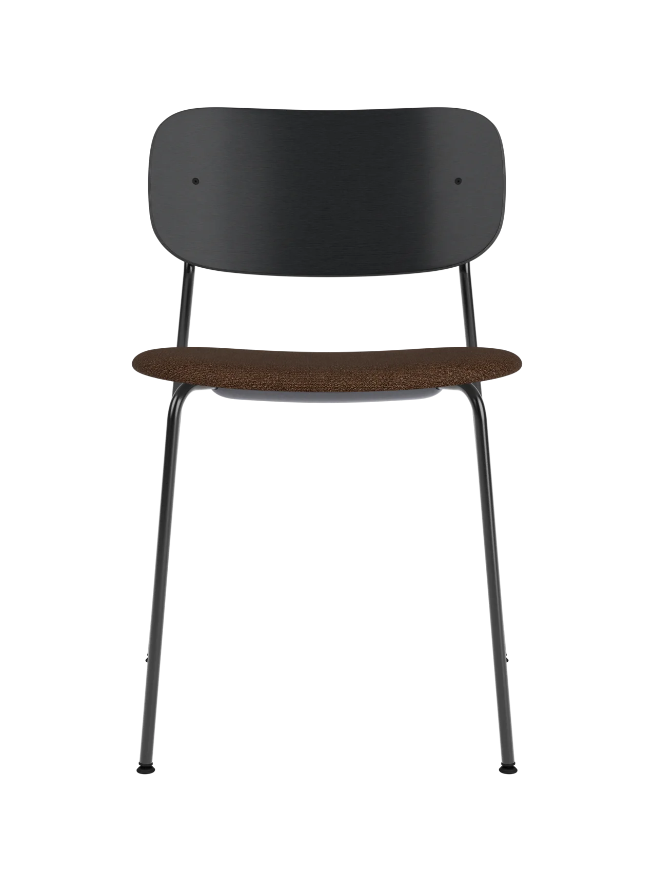 Co Dining Chair featuring a black steel frame, wide black oak backrest, and a brown bouclé upholstered seat.