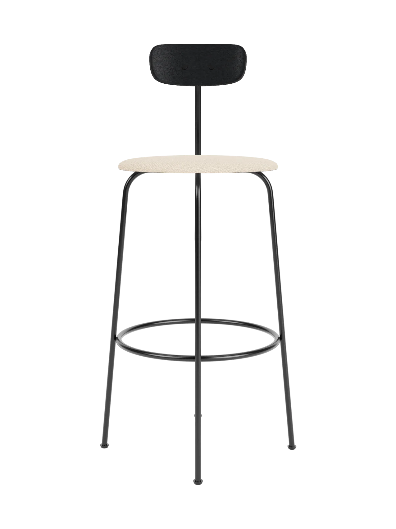 Afteroom Bar Chair with a Logan Jasmine upholstered seat, black painted oak backrest and a slim black steel frame.