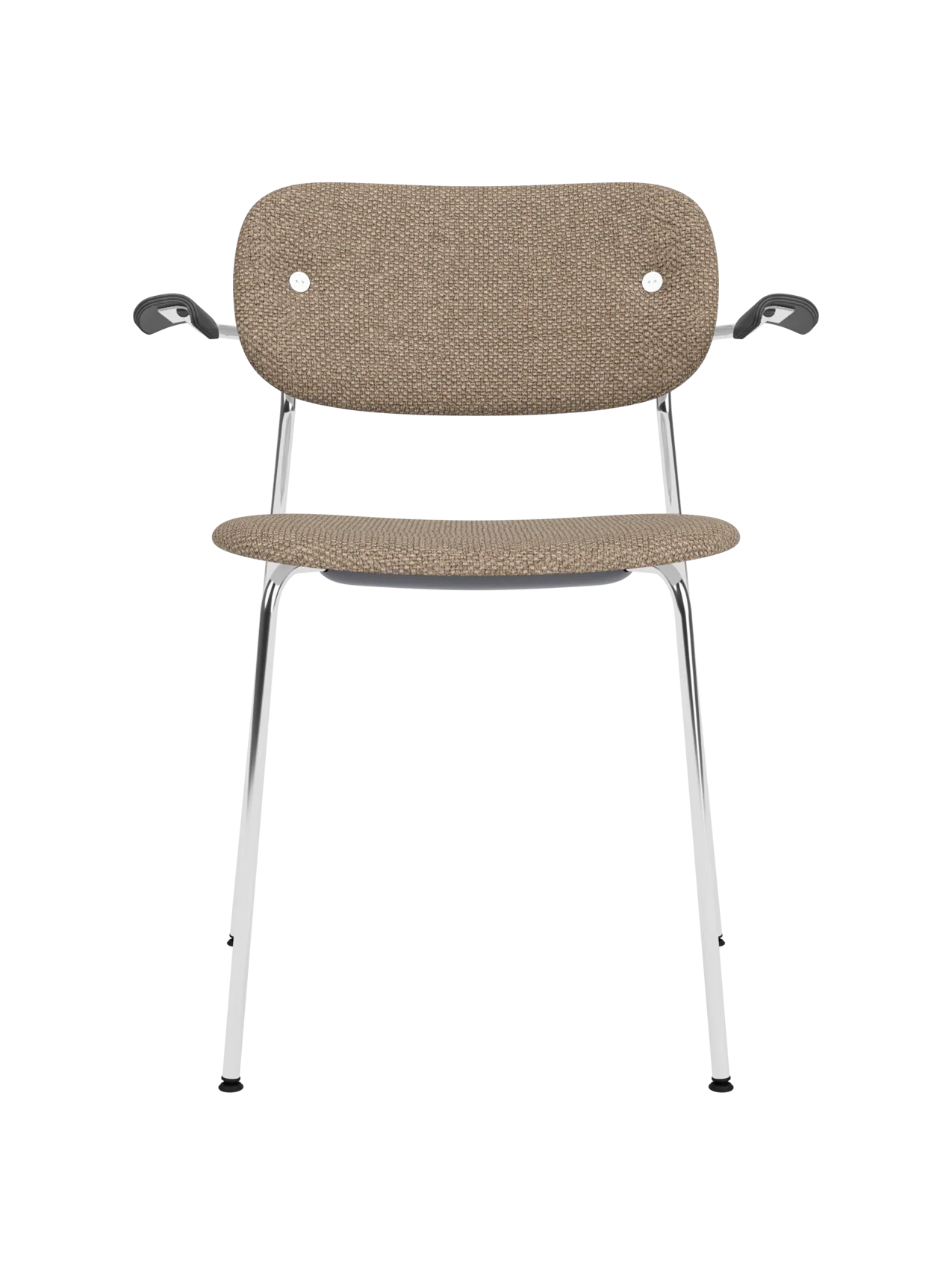 Fully upholstered Co Dining Chair with armrests in Logan Flint fabric on a polished chrome frame.
