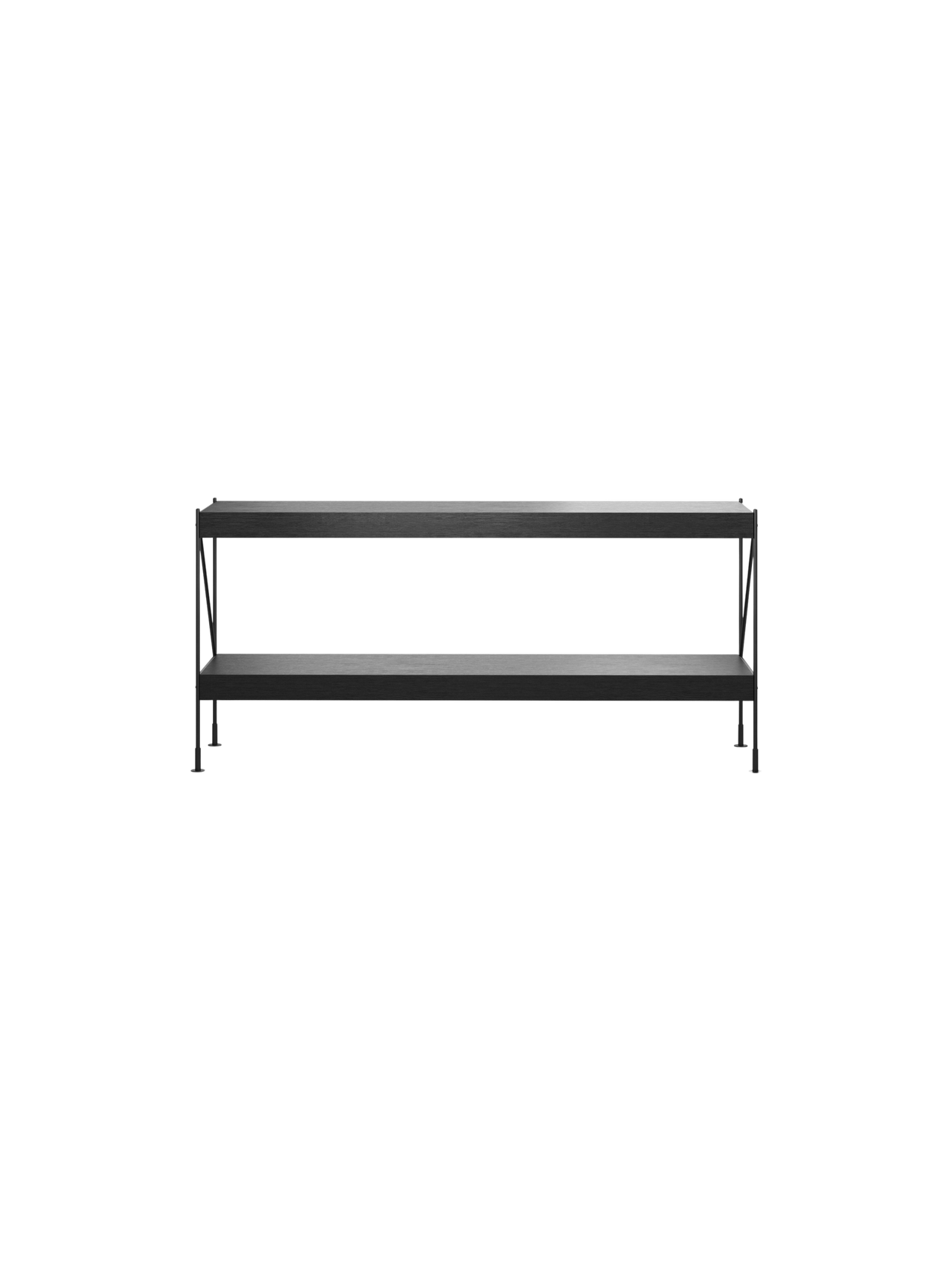 Rear view of the low, two-tier Zet Storage System with black oak shelves and a slender black powder-coated steel frame.