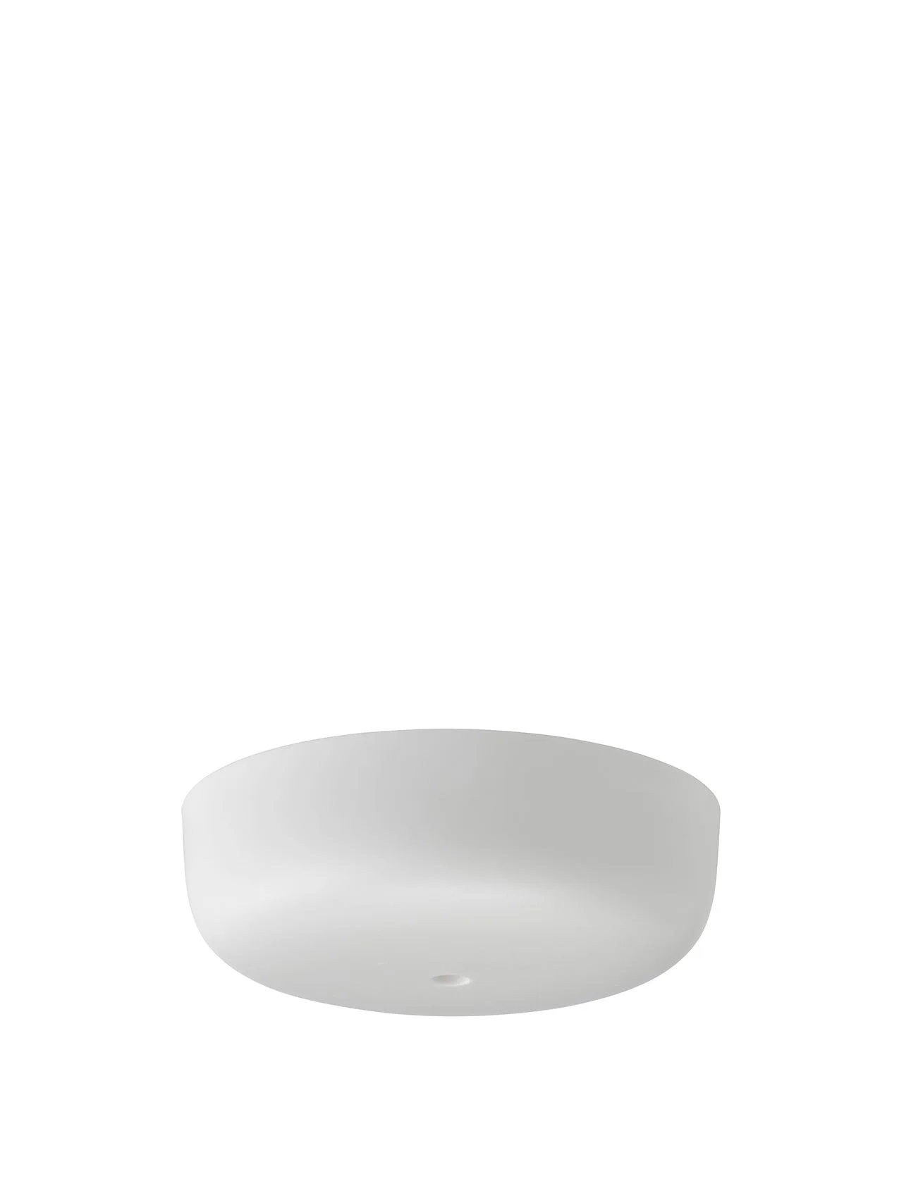 A close-up, low-angle shot of a single white Canopy for a light fixture, presented against a stark white background.