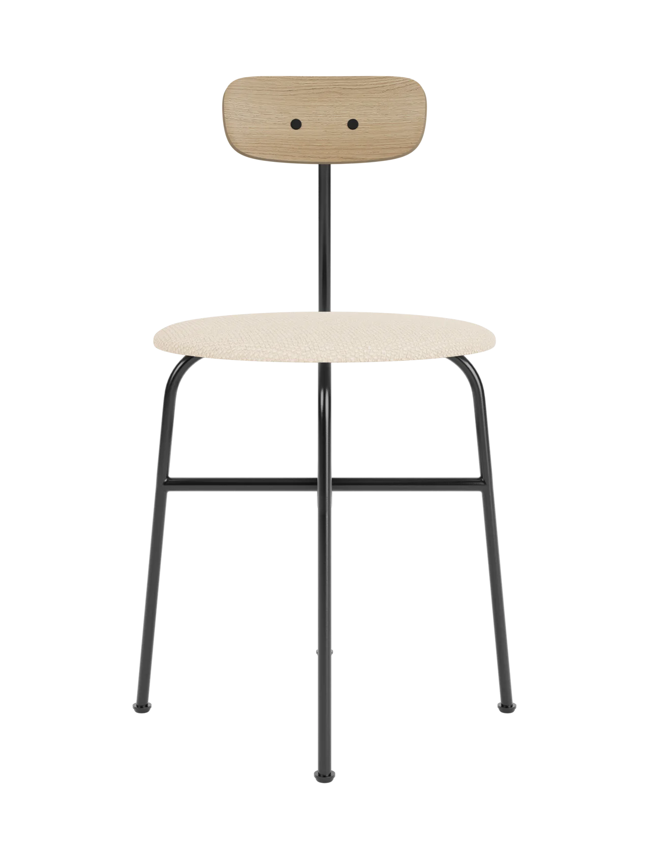 Minimalist Afteroom Dining Chair with a Logan Jasmine upholstered seat, natural oak backrest and black steel frame.