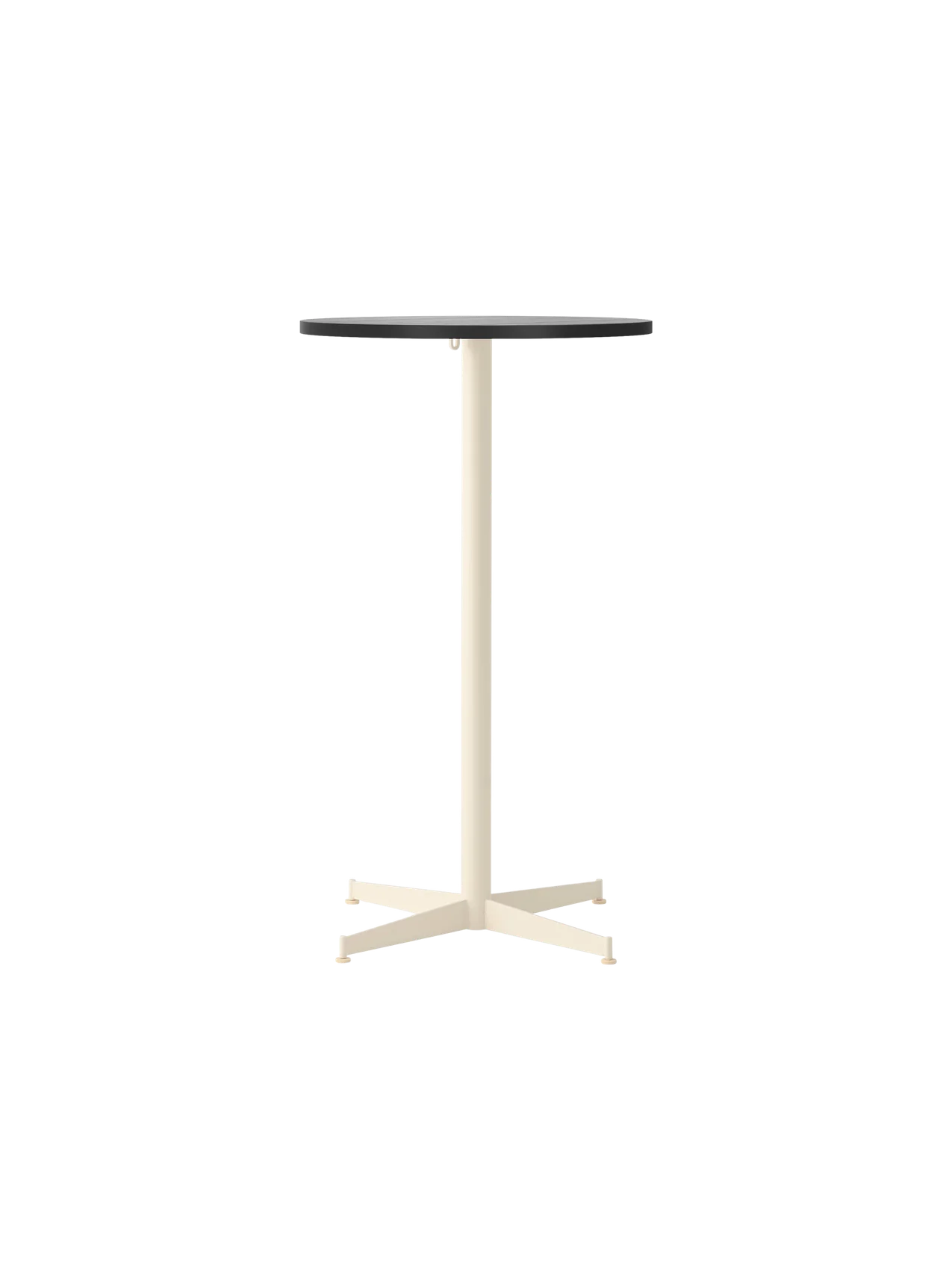Front view of the Nook Bar Table, featuring a circular black oak veneer top supported by a slender ivory steel stem and base.