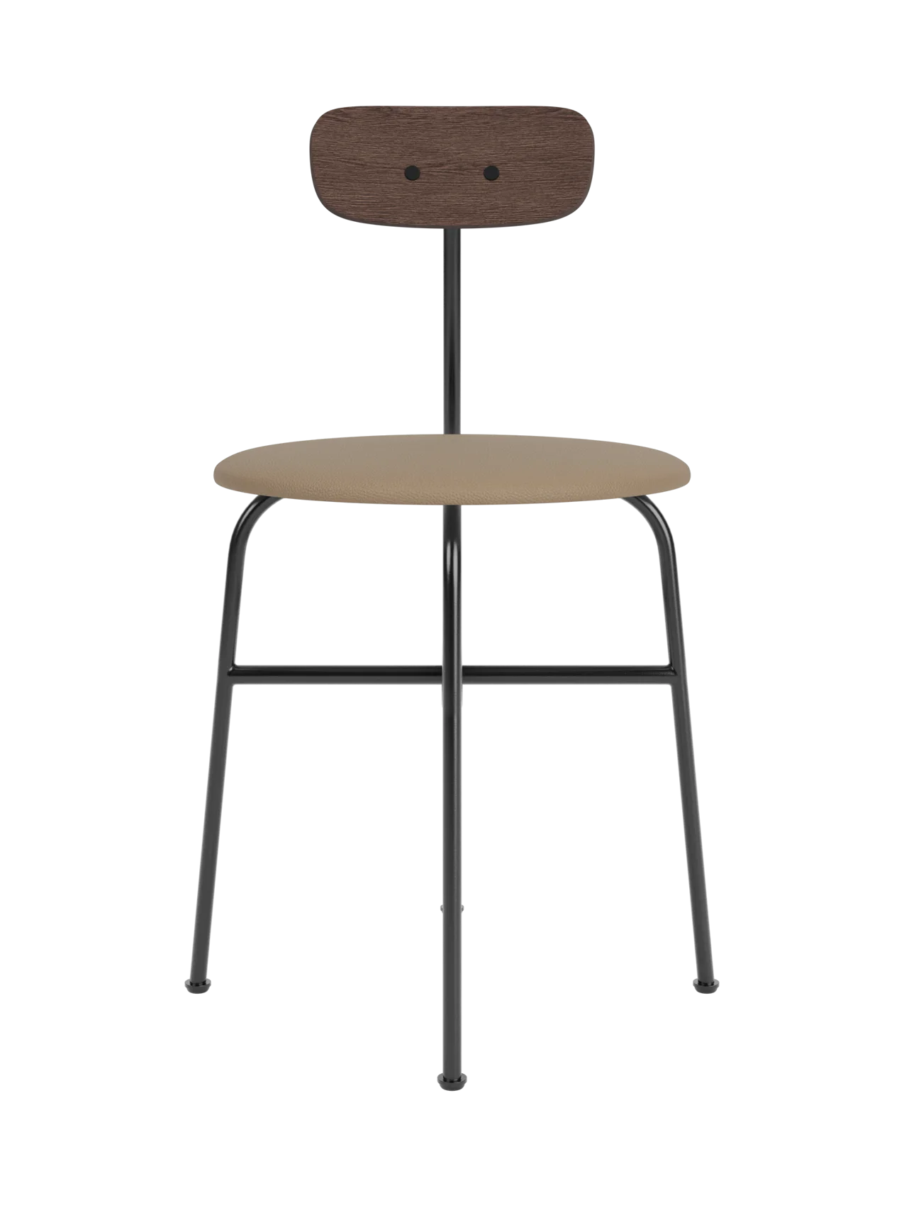 Afteroom Dining Chair with a tan leather seat, dark stained oak backrest and sleek black powder-coated steel frame.