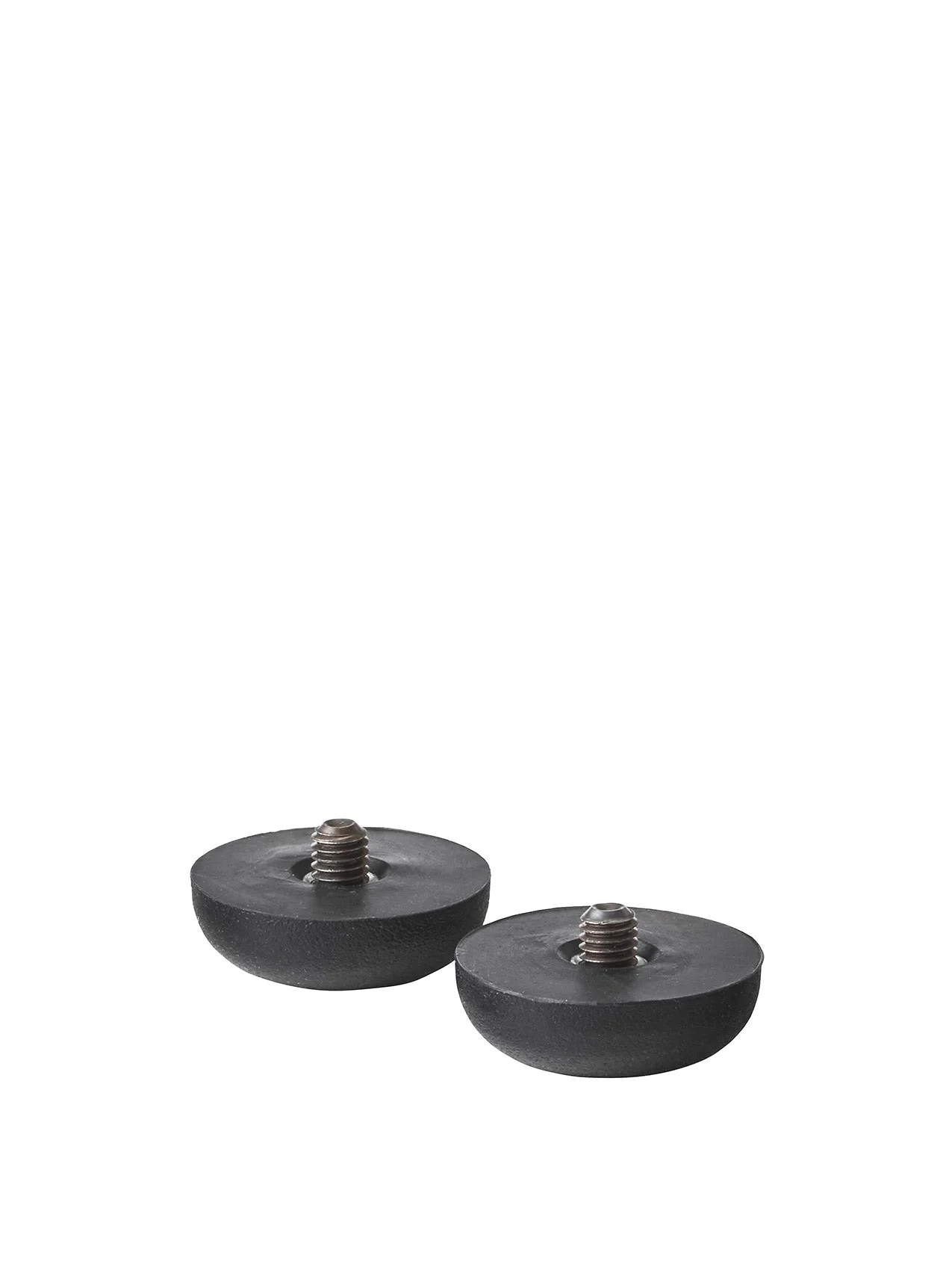 A pair of black, dome-shaped furniture glides with threaded metal screws protruding from the centre, on a white background.