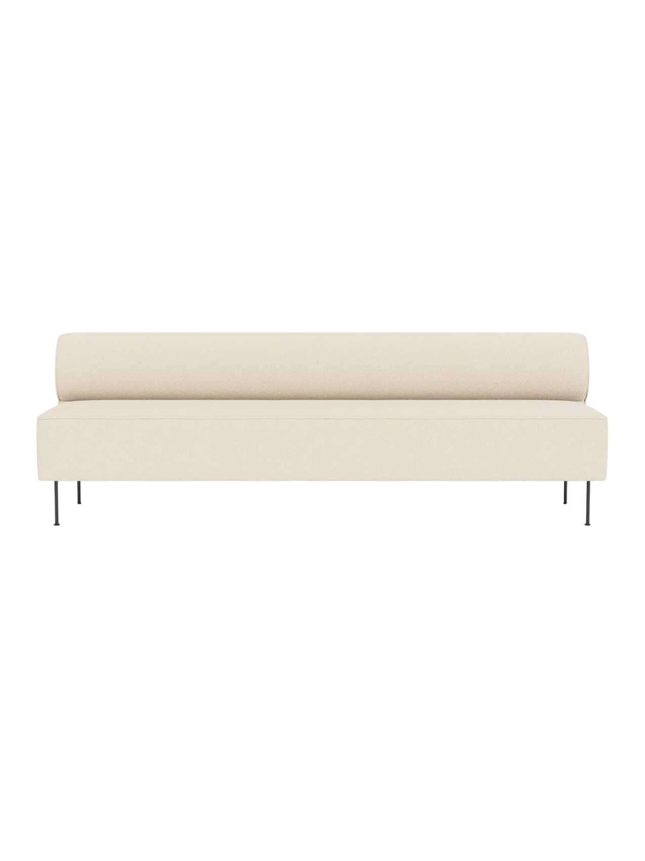 Front view of the Eave Dining Sofa in a light cream Logan Jasmine fabric. It features a minimalist design with a low back.