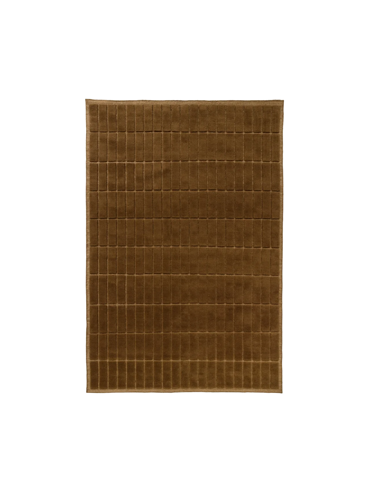 Top-down view of a square, plush rug in a warm brown colour, featuring a carved grid pattern of small, uniform rectangles.