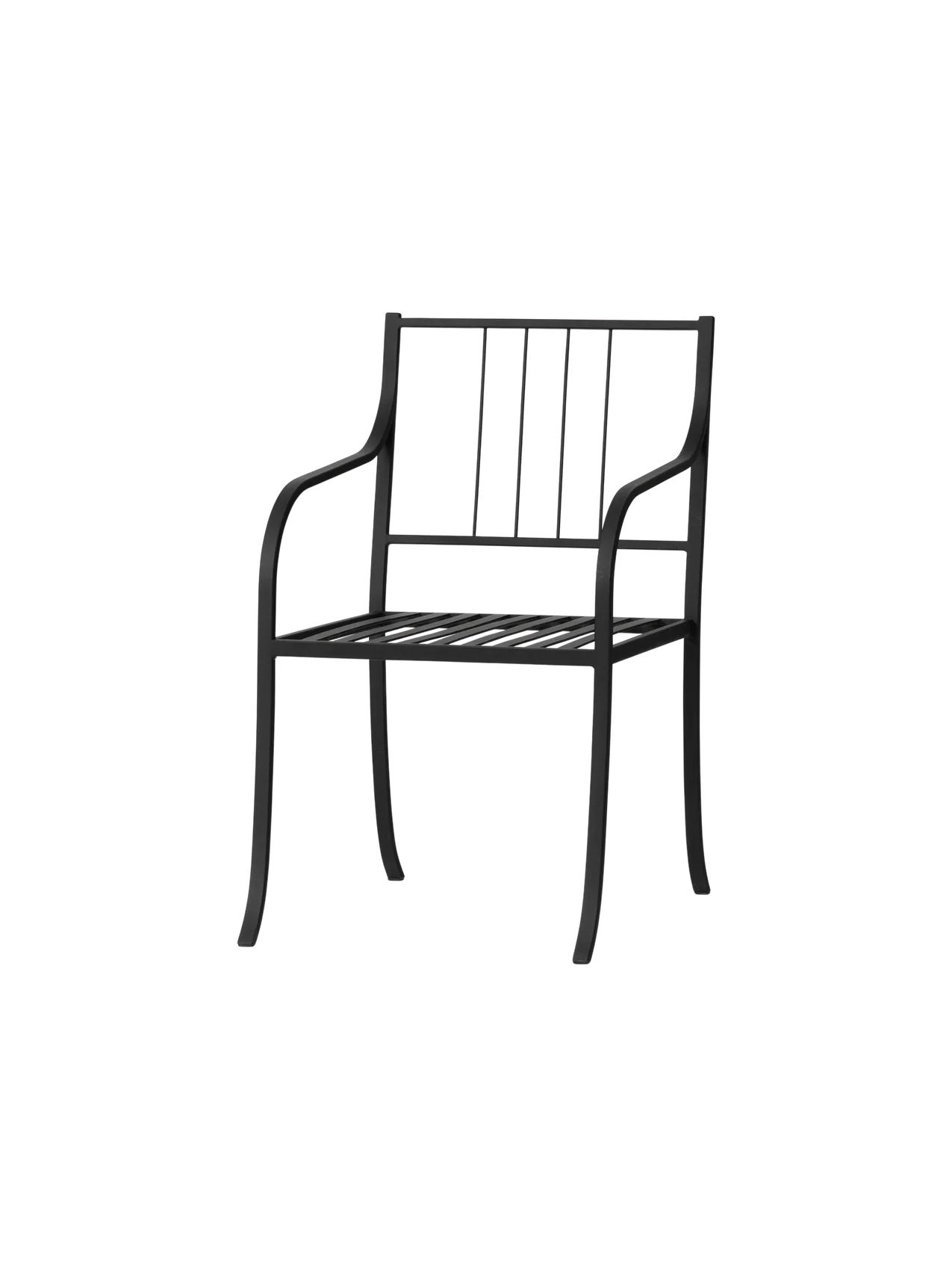The Bloss Garden Dining Armchair in black powder-coated steel, shown from an angle against a black background.