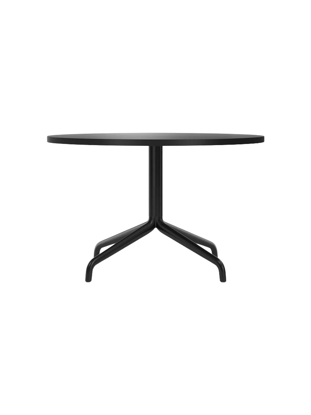 A front-facing view of the Harbour Column Lounge Table, featuring a round charcoal linoleum top and a black star-shaped base.