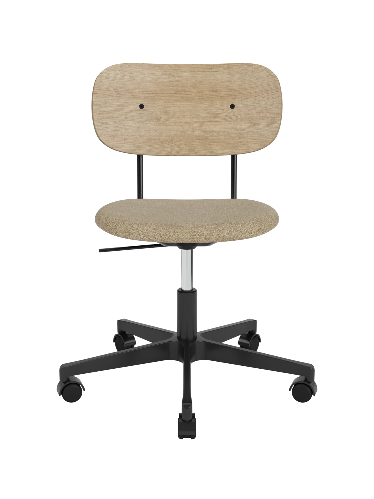 Co Task Chair with a natural oak backrest, beige bouclé upholstered seat and black five-star swivel base with castors.