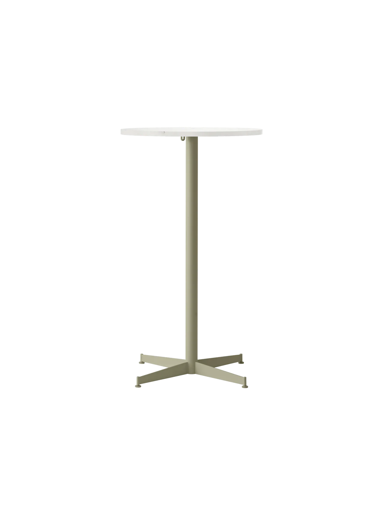 Front view of the Nook Bar Table, featuring a round Estremoz marble top and an olive green powder-coated steel pedestal base.