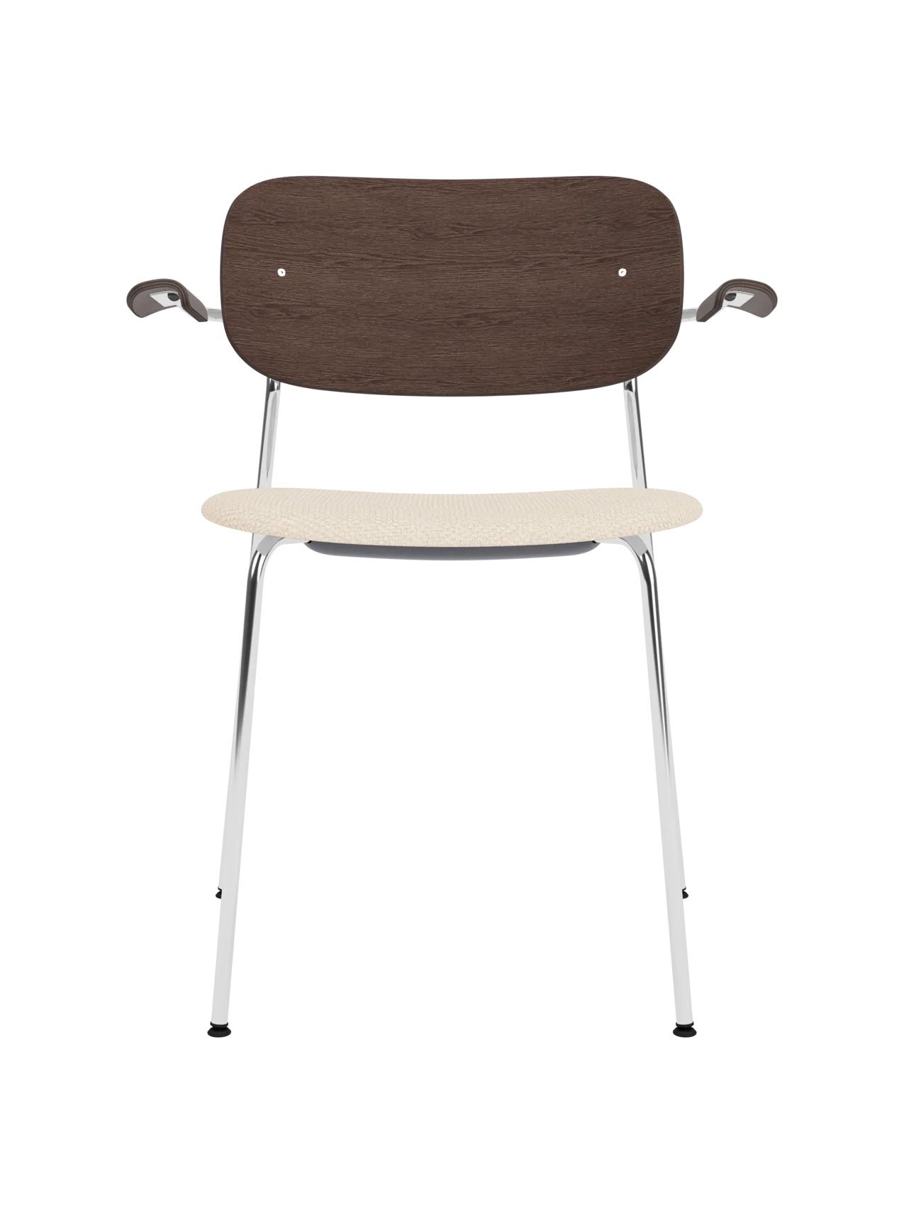 Co Dining Chair with chrome frame, dark stained oak backrest and light Logan Jasmine upholstered seat.
