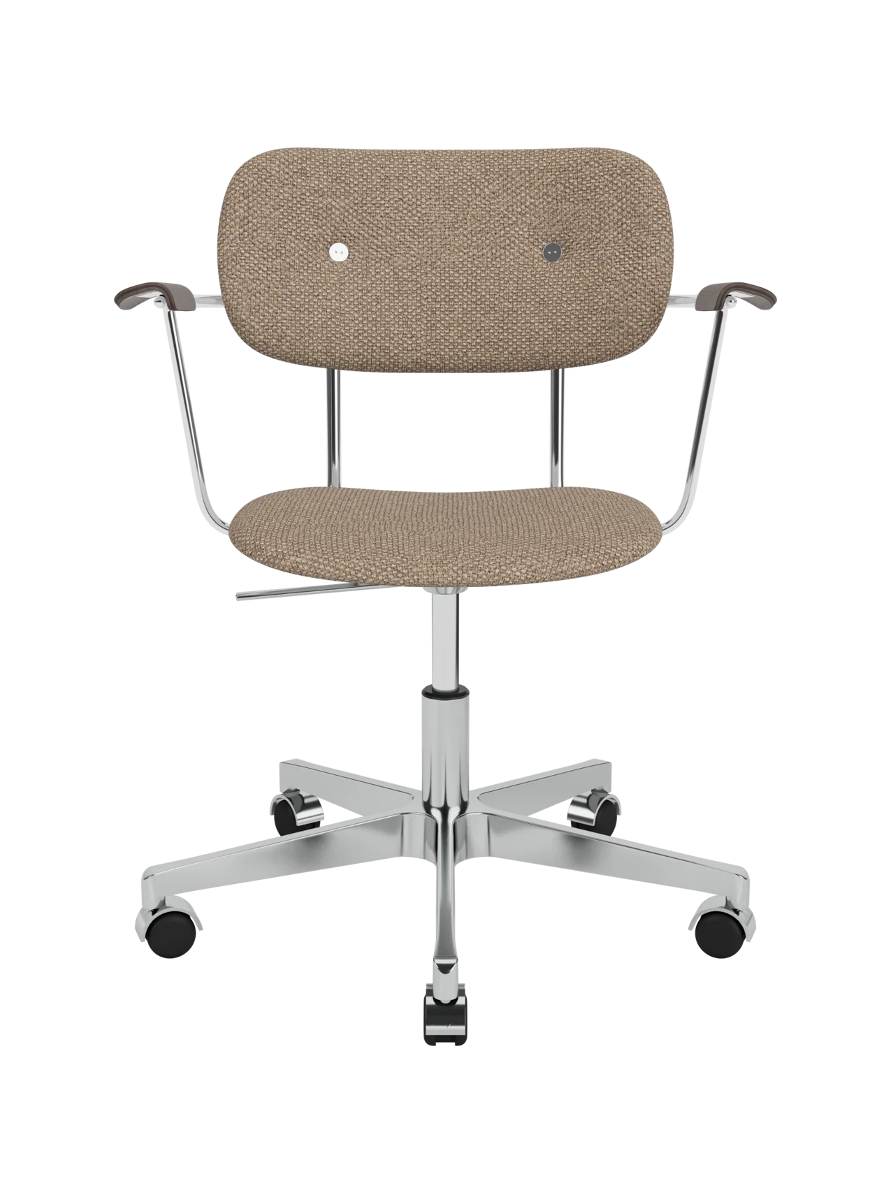 Co Task Chair in Logan Flint upholstery with dark stained oak armrests and a five-star chrome base on casters.