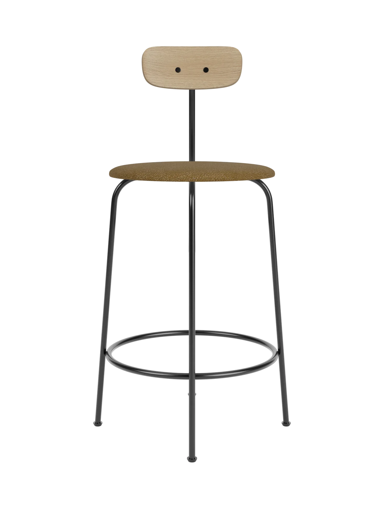 Afteroom Counter Chair with brown Audo Bouclé 06 upholstered seat, natural oak backrest and black steel frame.