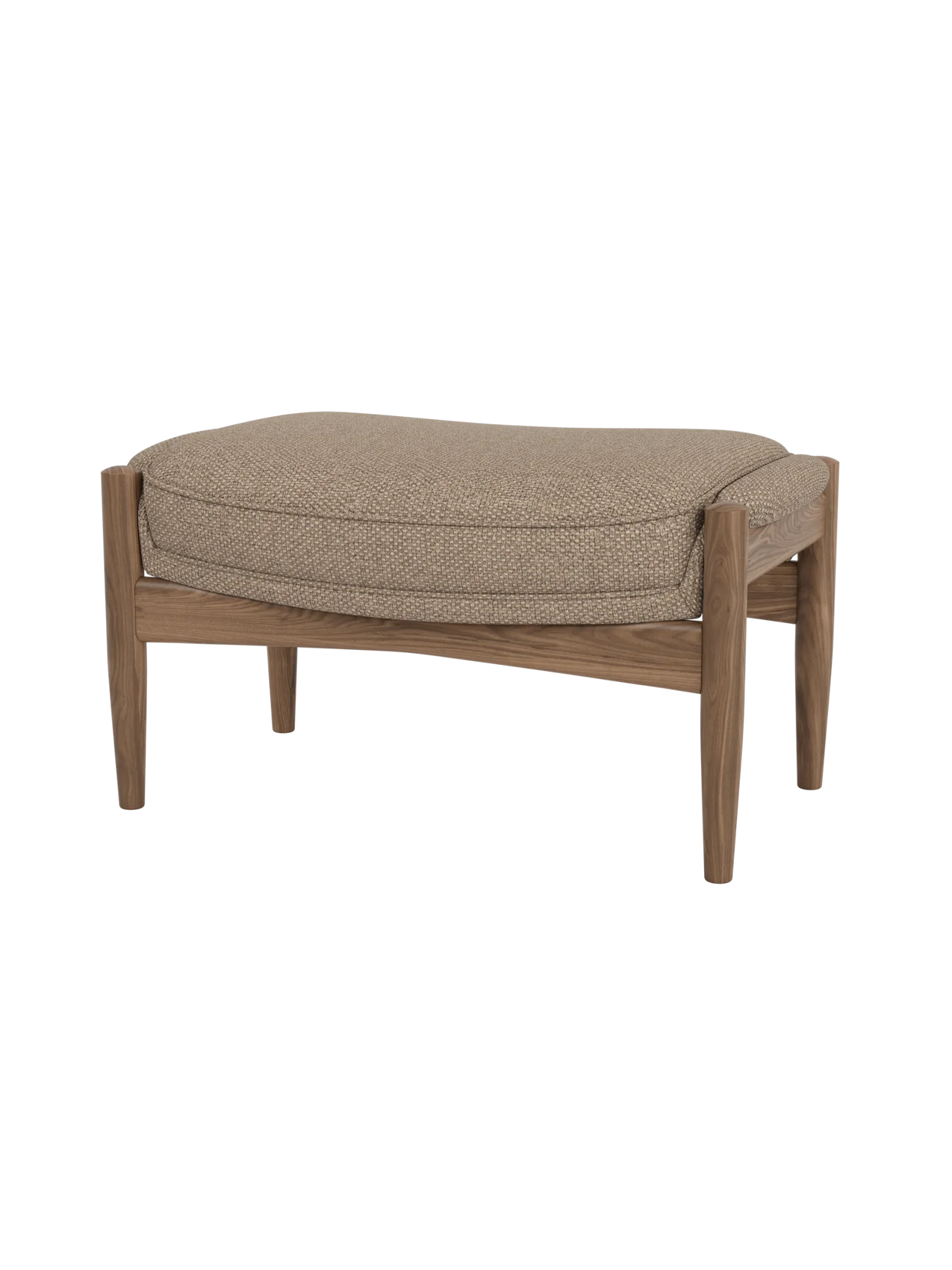 The Seal Ottoman in walnut wood with Logan Flint fabric upholstery, featuring an organic mid-century design.