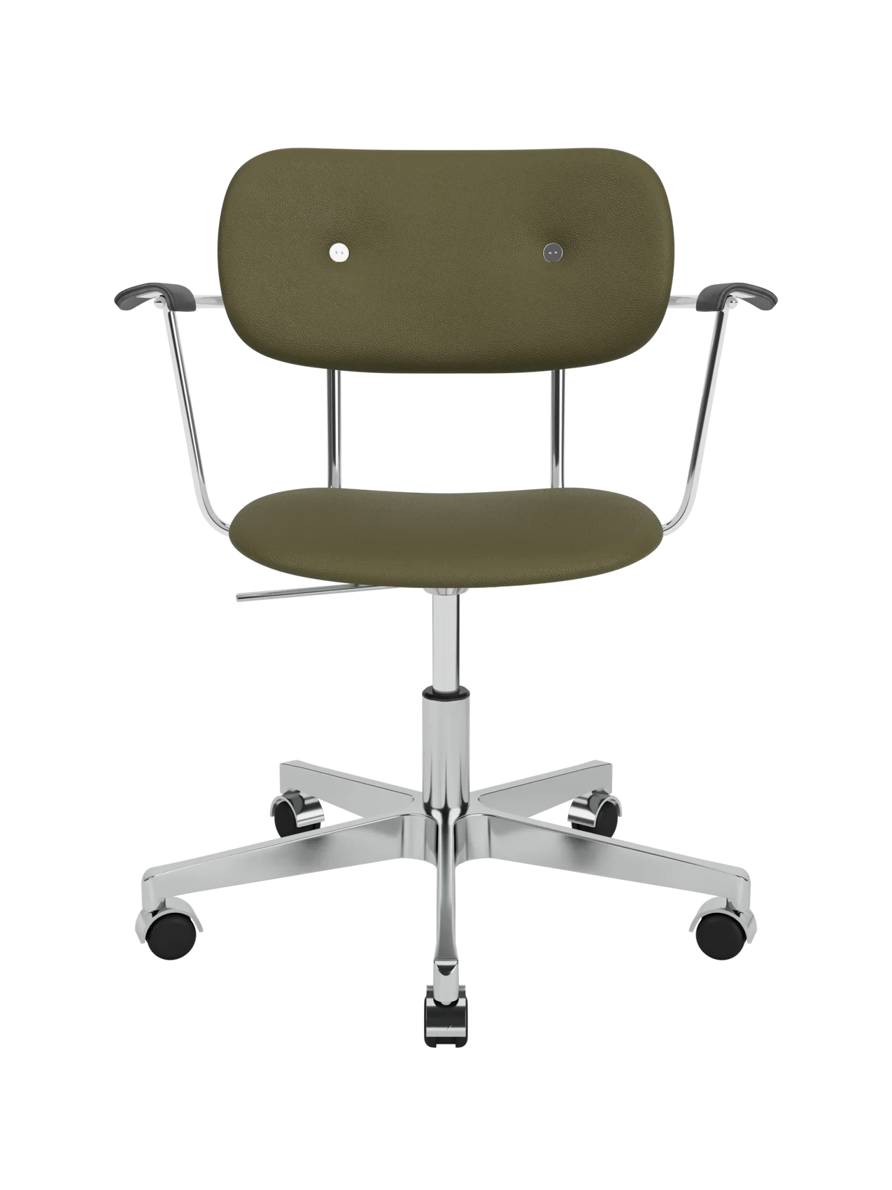 Co Task Chair featuring olive Sierra leather, black oak armrests and a polished chrome swivel base with casters.