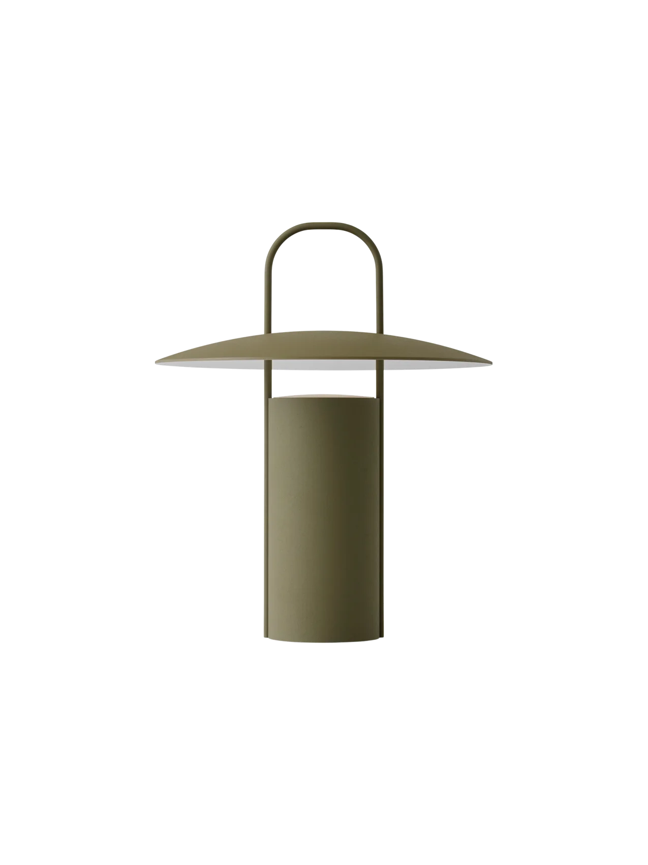 Ray Table Lamp, Portable, in dusty green, with a cylindrical base, wide, flat shade and a handle on top.