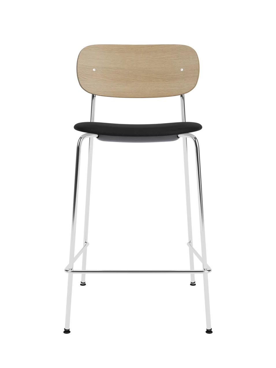 Co Counter Chair in natural oak with a black upholstered seat and chrome steel frame against a black background.