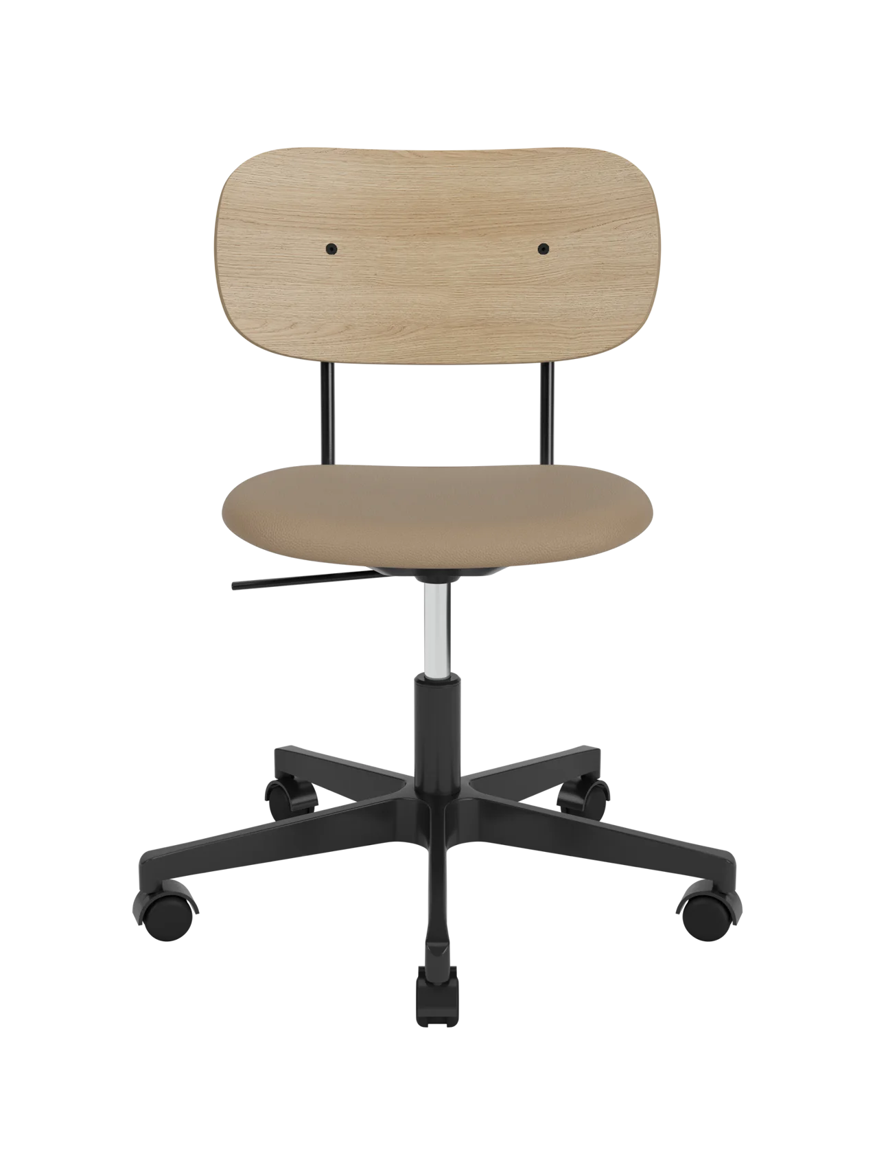 Co Task Chair featuring a tan upholstered seat, natural oak backrest and a black five-star swivel base with castors.