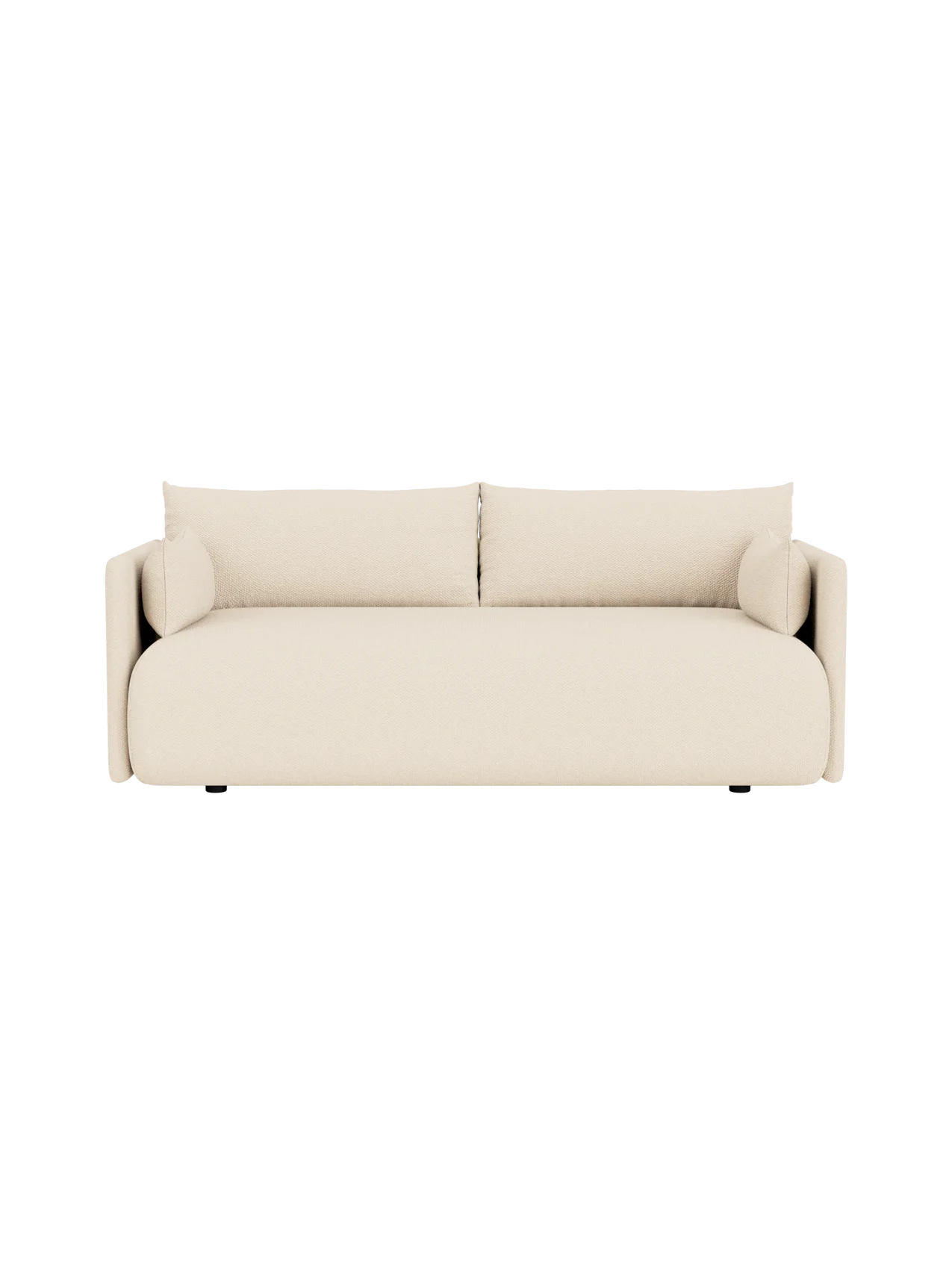 Front view of the Offset Sofa, a 2-seater model in a textured, light cream Logan Jasmine fabric, against a black background.