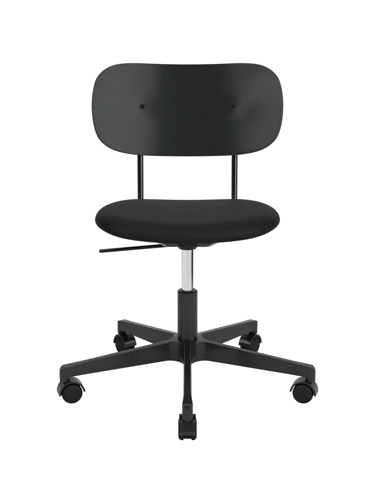 Co Task Chair with a black oak backrest, black Sierra upholstered seat and a height-adjustable swivel base on castors.