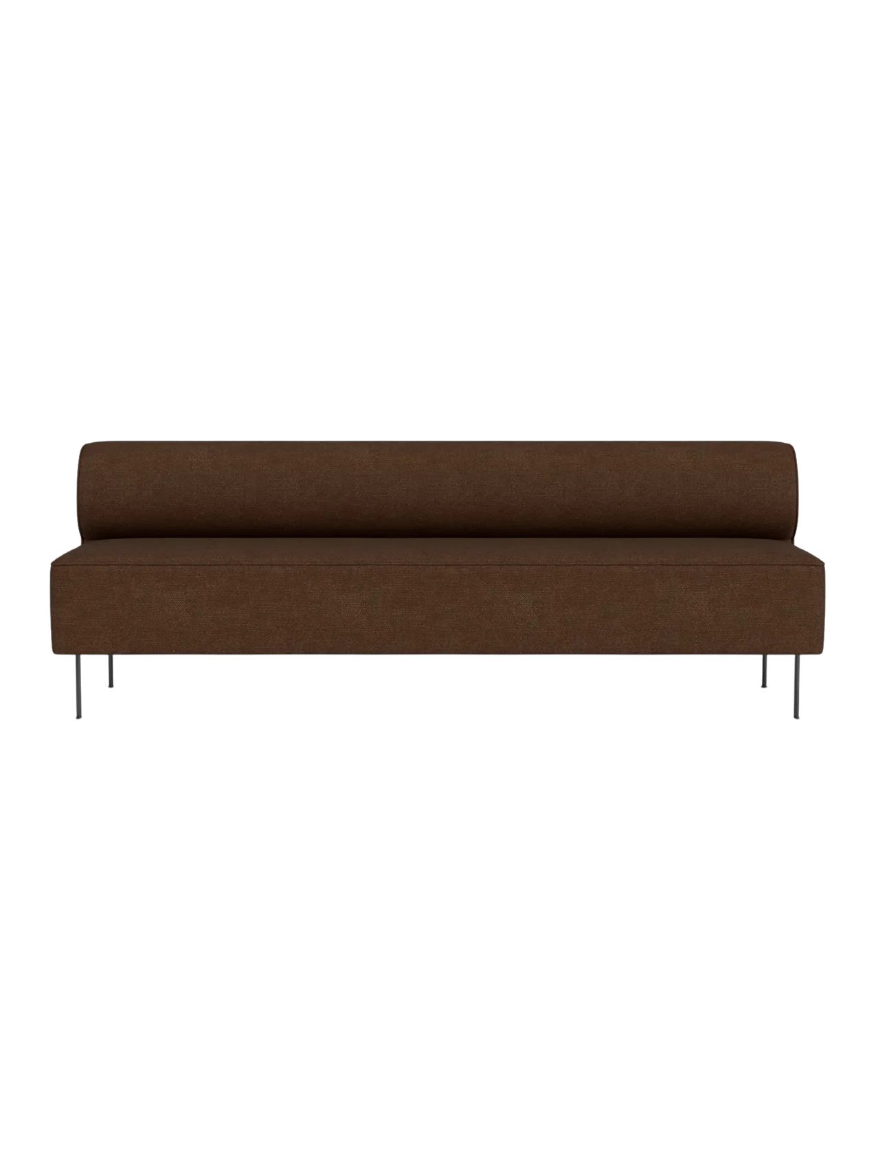 Front view of the Eave Dining Sofa, an armless banquette in brown textured fabric with a low back and thin metal legs.