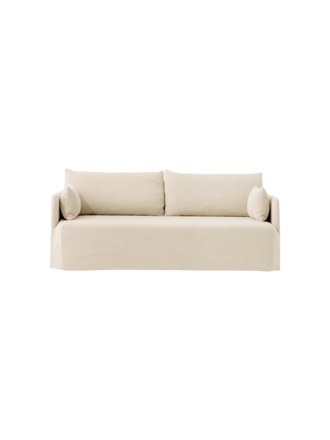 A frontal view of the Offset 2-seater Sofa with a loose cover in a light, textured Logan Jasmine fabric.