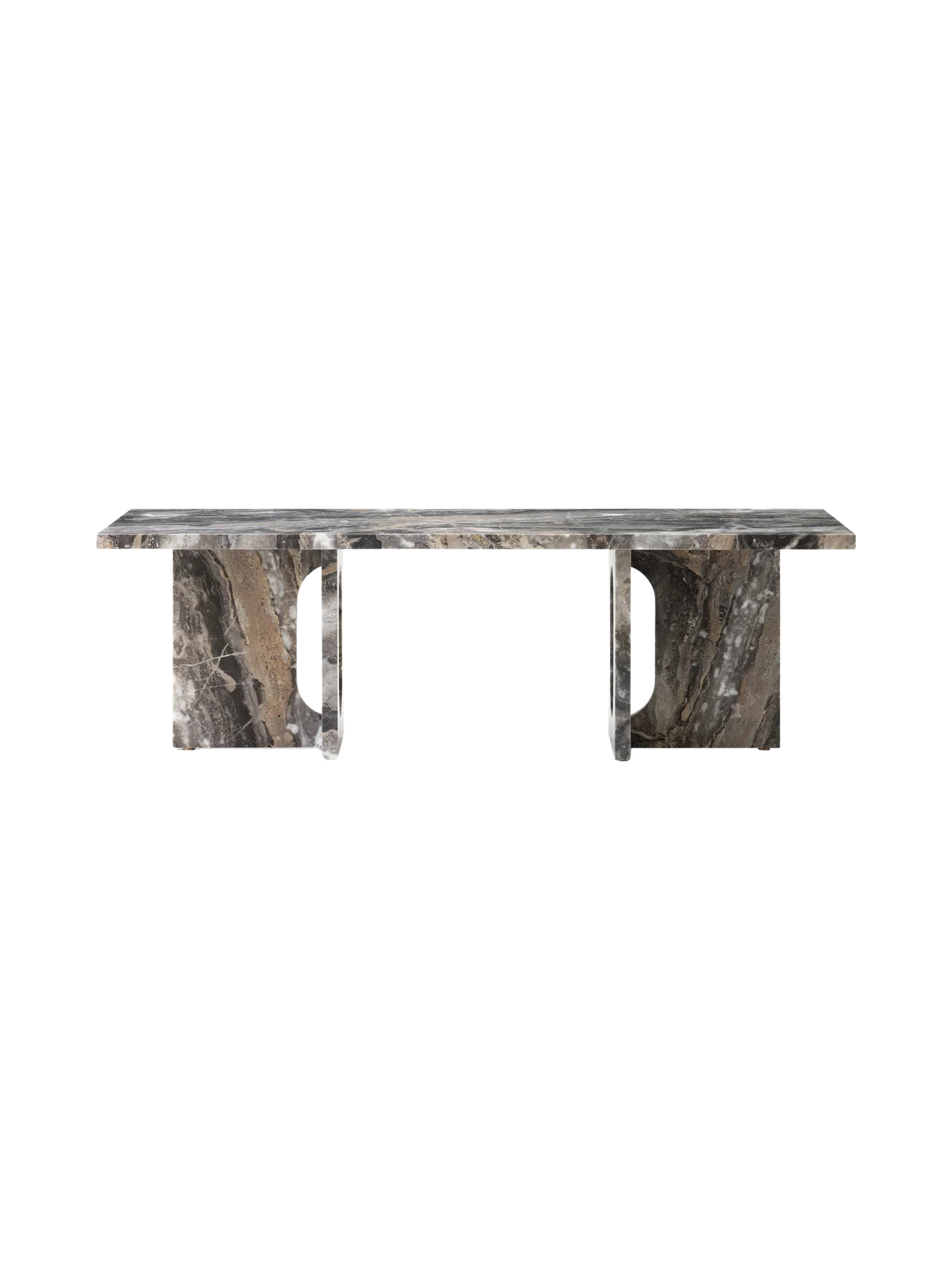 A front view of the Androgyne Lounge Table in Grey Galaxy marble, featuring a rectangular top and two wide legs with cutouts.
