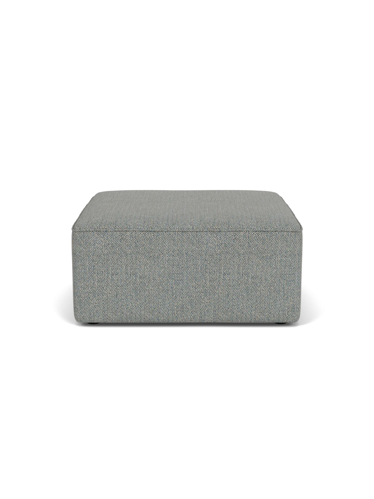 Front view of the Eave Modular Sofa, 86, Pouf upholstered in a textured light blue Safire fabric, against a black background.